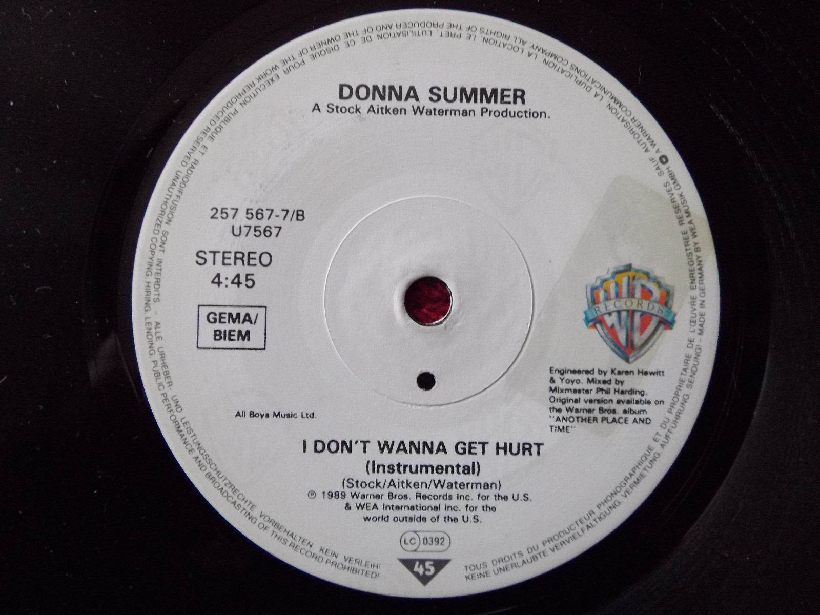 Donna Summer – I Don’t Wanna Get Hurt / I Don’t Wanna Get Hurt (Instr.) · Warner Bros. Records 567-7, Bild 2