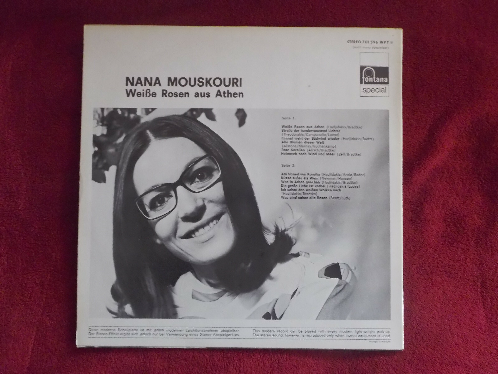 Nana Mouskouri – Weiße Rosen aus Athen | Fontana Special Records LP, Bild 2