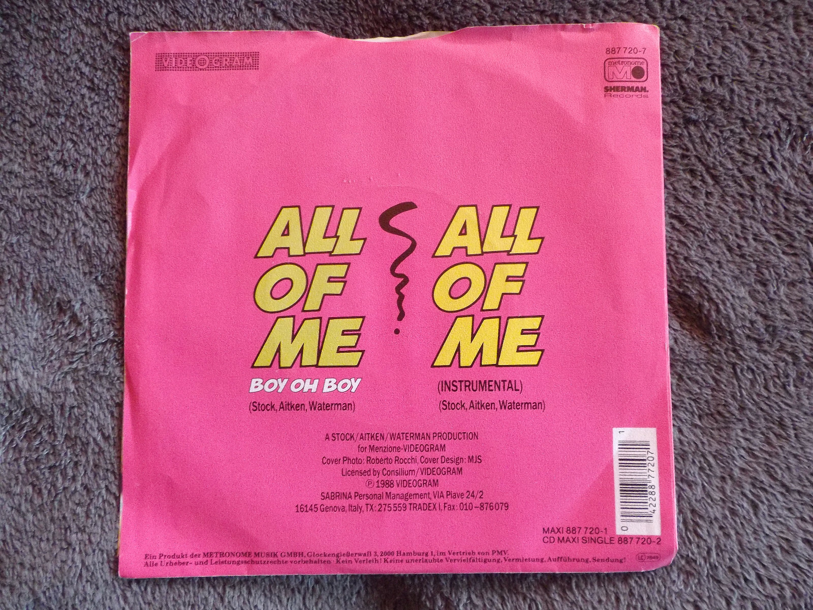 Sabrina – All of me / Boy oh boy (7″-Single, 1988), Bild 2