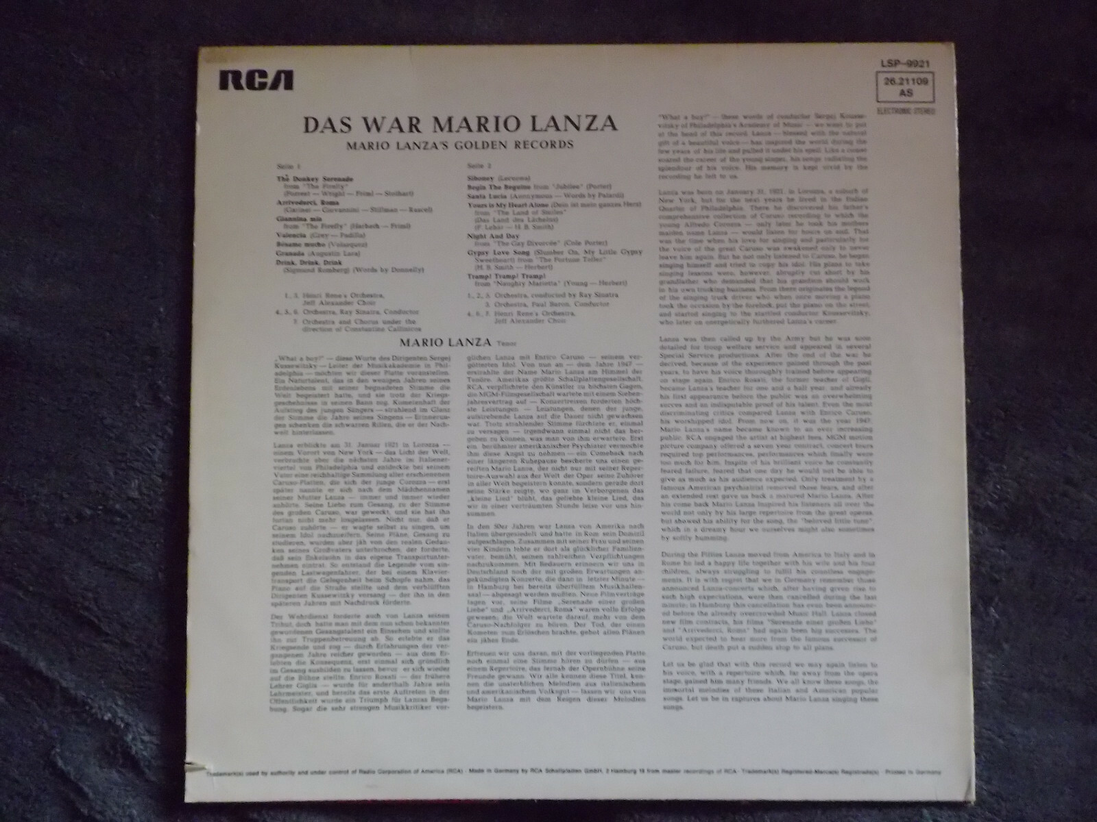 Mario Lanza – Das war Mario Lanza (LP, RCA Records, LSP 9921), Bild 3