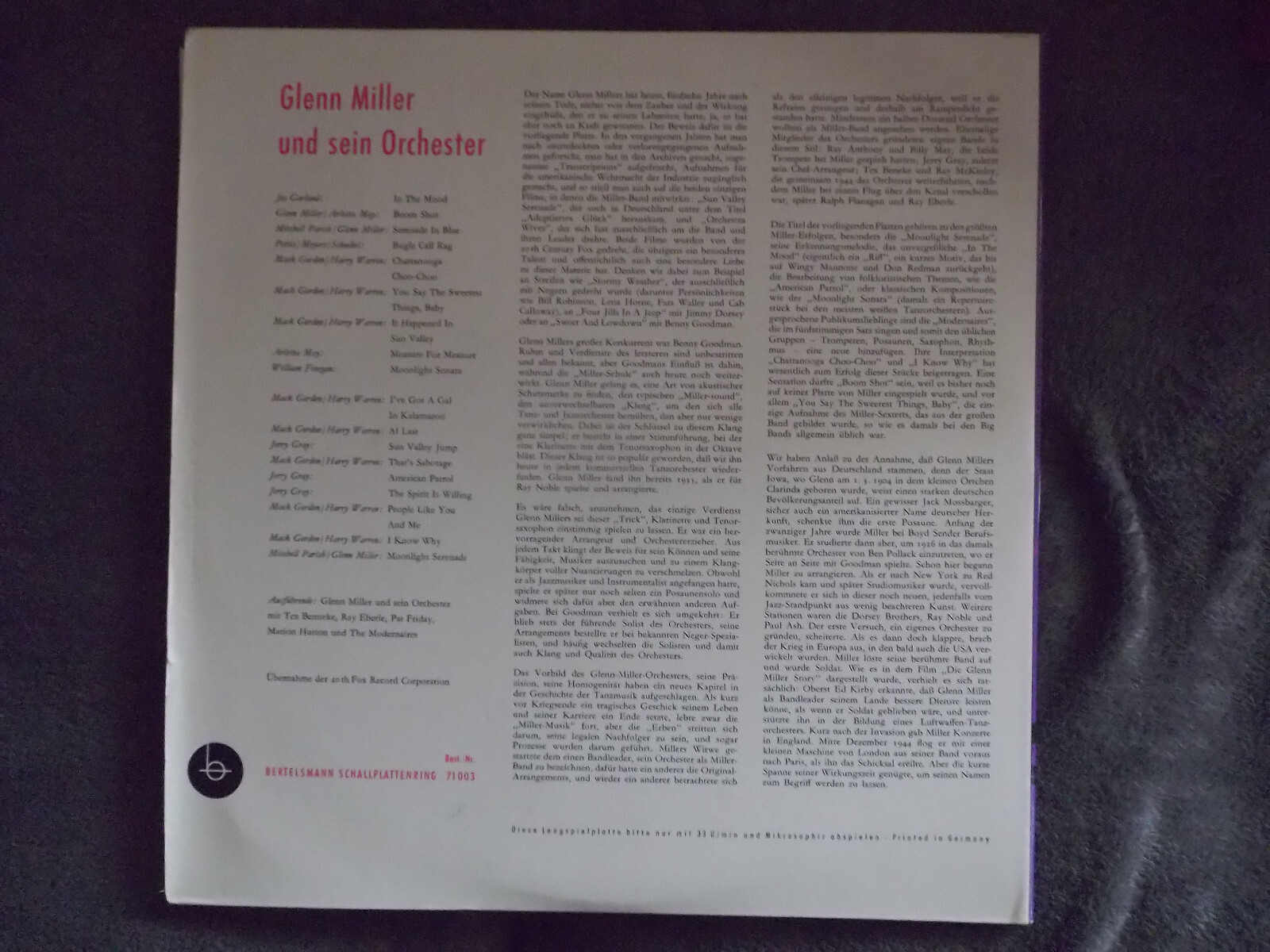 Glenn Miller und sein Orchester – Originalaufnahmen der größten Glenn-Miller-Erfolge | Bertelsmann Records 71003 | Doppel-LP, Bild 3