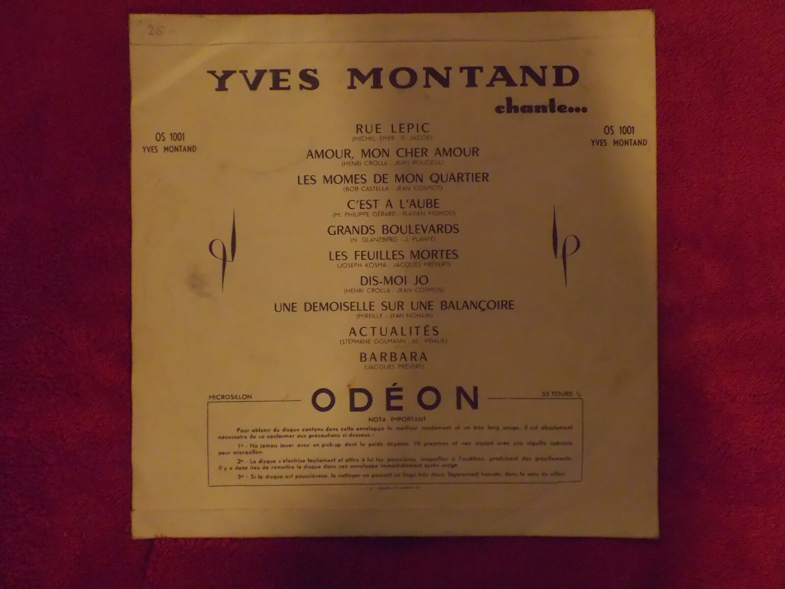 Yves Montand – Chante (10-inch-LP, Odeon Records), Bild 3