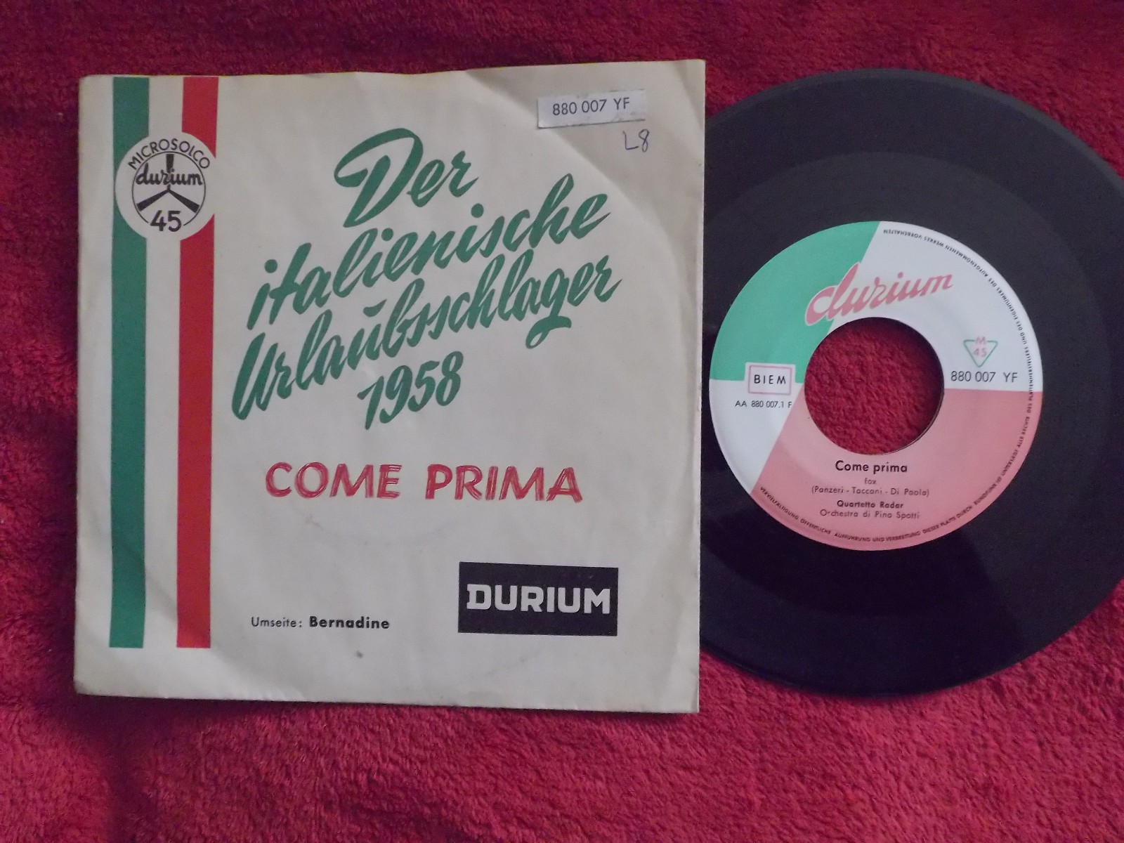 Quartetto Radar – Come prima / Bernadine · Single, Durium Records, 1958
