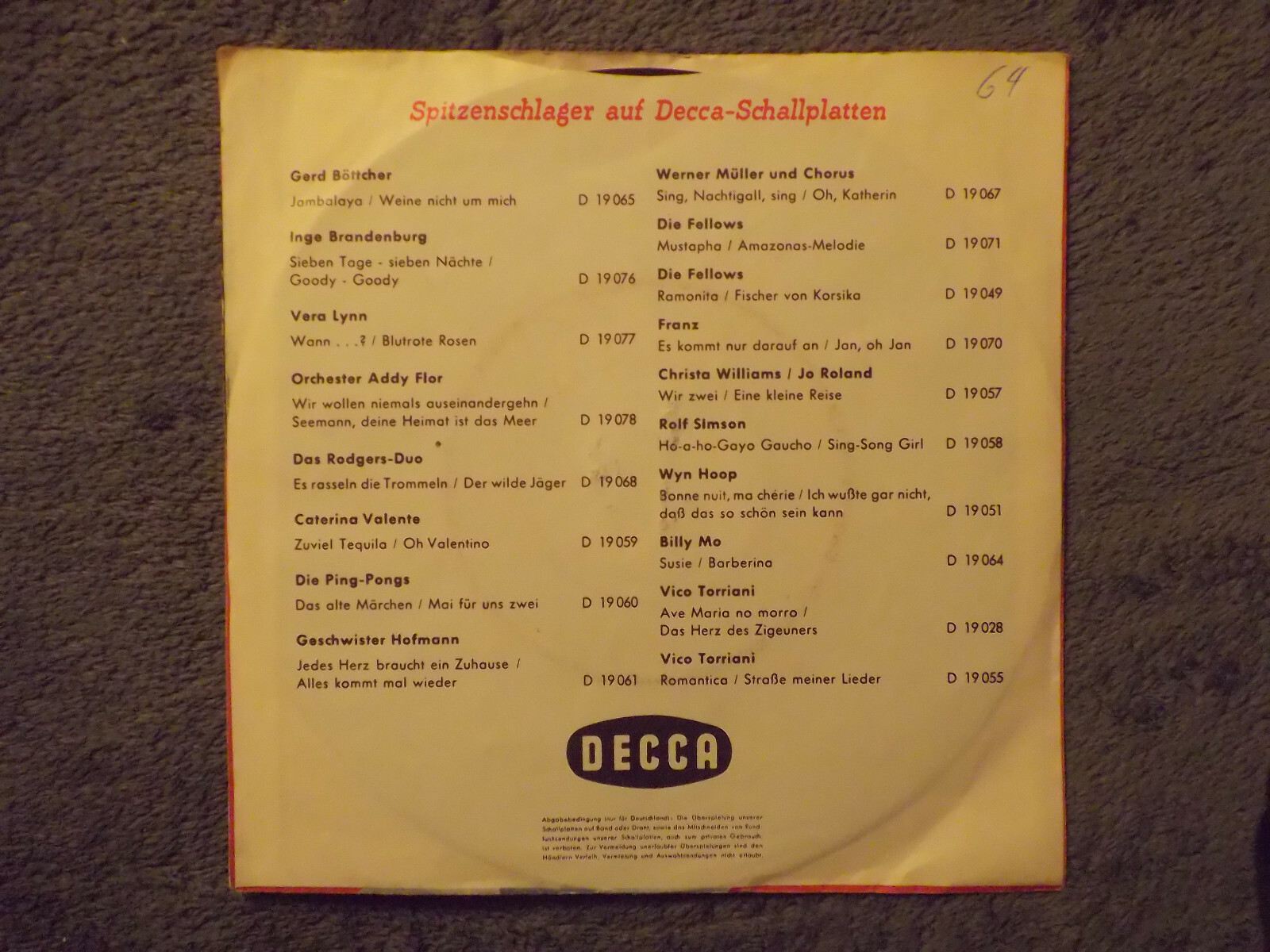 Vico Torriani – Kalkutta liegt am Ganges / ... sie war nicht älter als 18 Jahr' (Decca 45er-Single), Bild 2