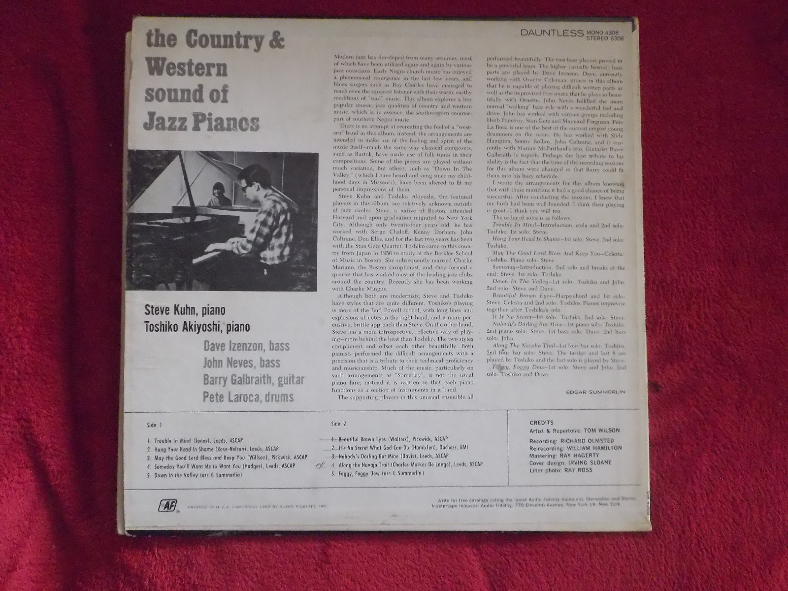 Steve Kuhn & Toshiko Akiyoshi – The Country & Western Sound of Jazz Pianos (LP, Dauntless Records, DM 4308, USA, 1963), Bild 2