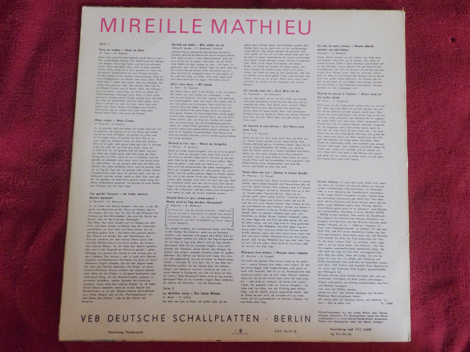 Mireille Mathieu – Mireille Mathieu (Amiga LP, DDR 1970), Bild 2
