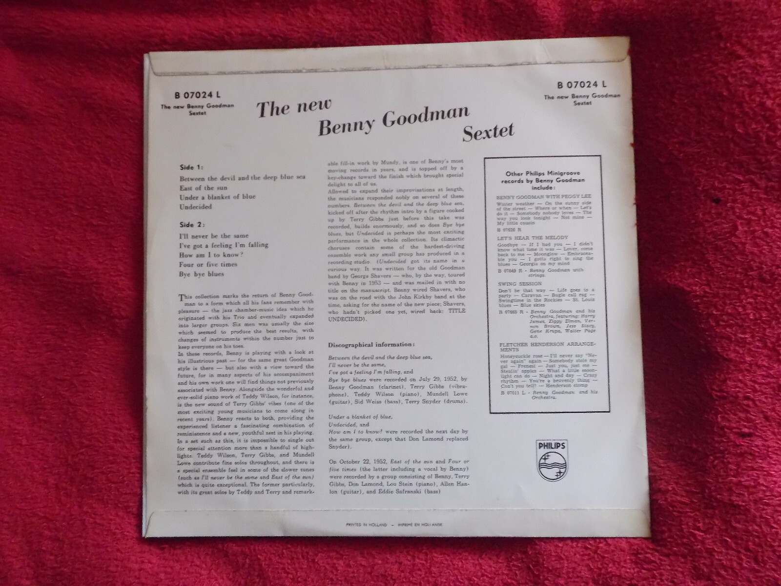 Benny Goodman – The New Benny Goodman Sextet (Philips Minigroove Records, NL), Bild 2