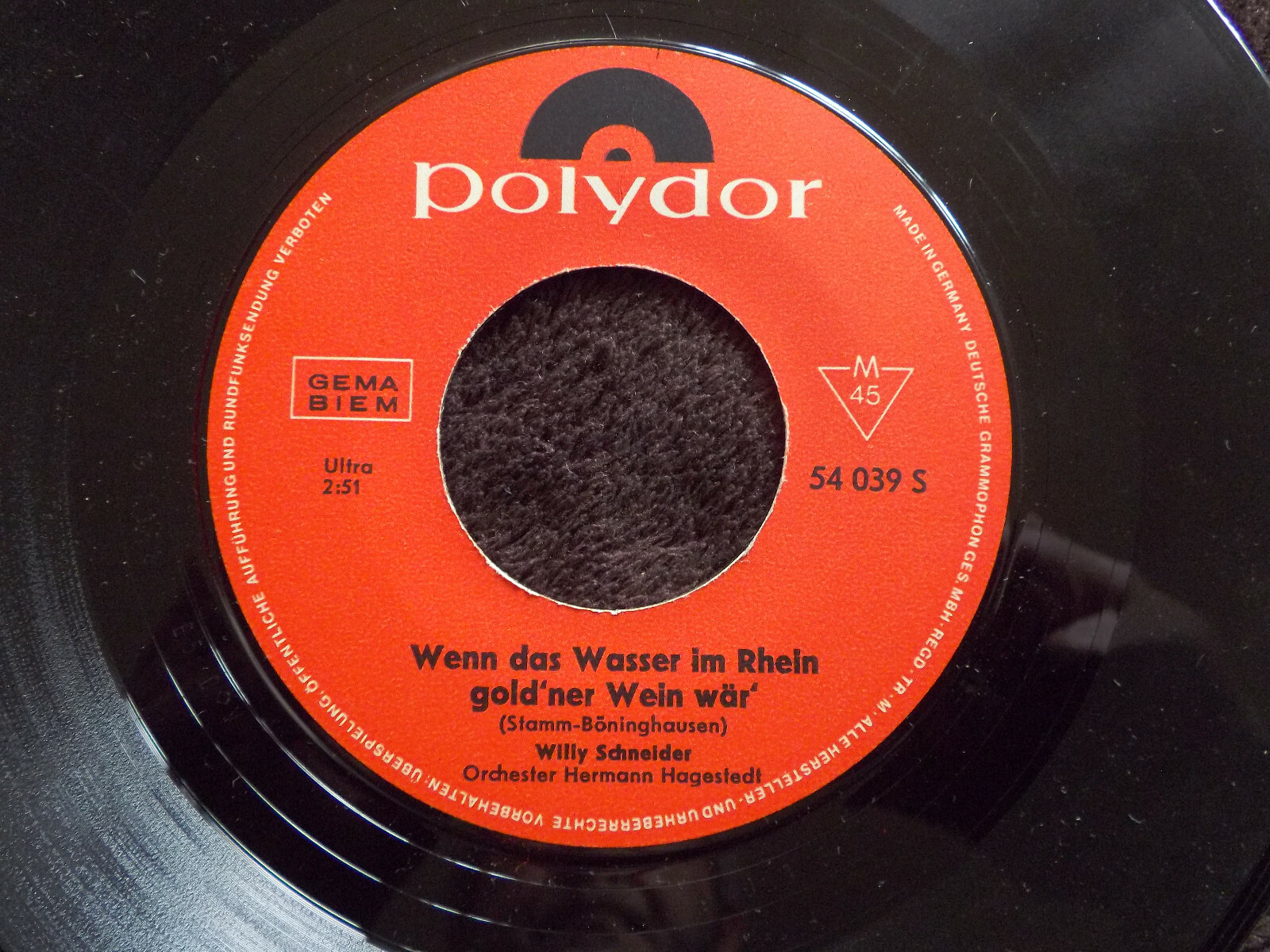 Willy Schneider – Wenn das Wasser im Rhein gold´ner Wein wäre / Schütt die Sorgen in ein Gläschen Wein (Polydor, 45 U/min)