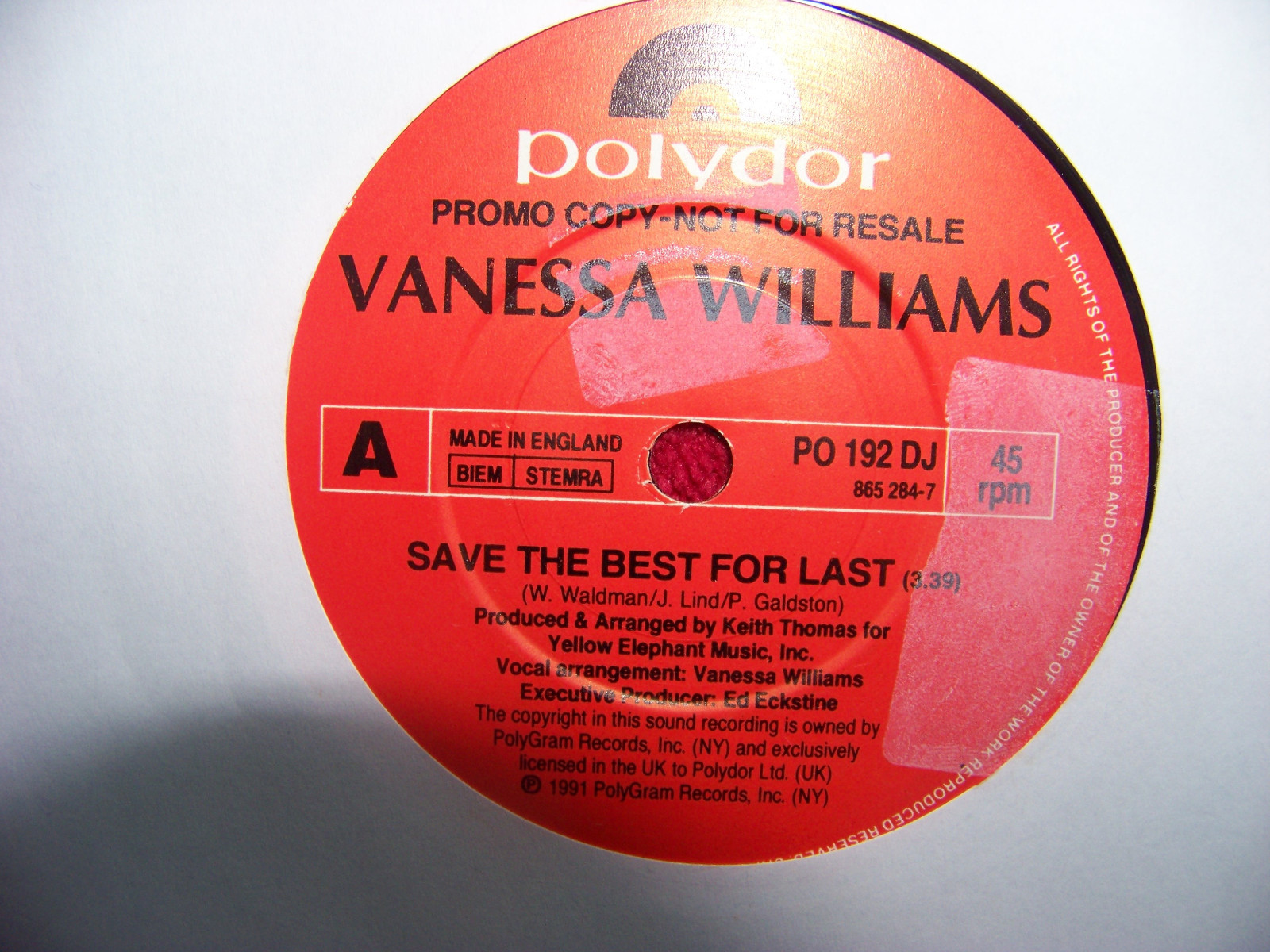 Vanessa Williams – Save the best for last / 2 of a kind | Polydor PO 192, UK Promo-Single