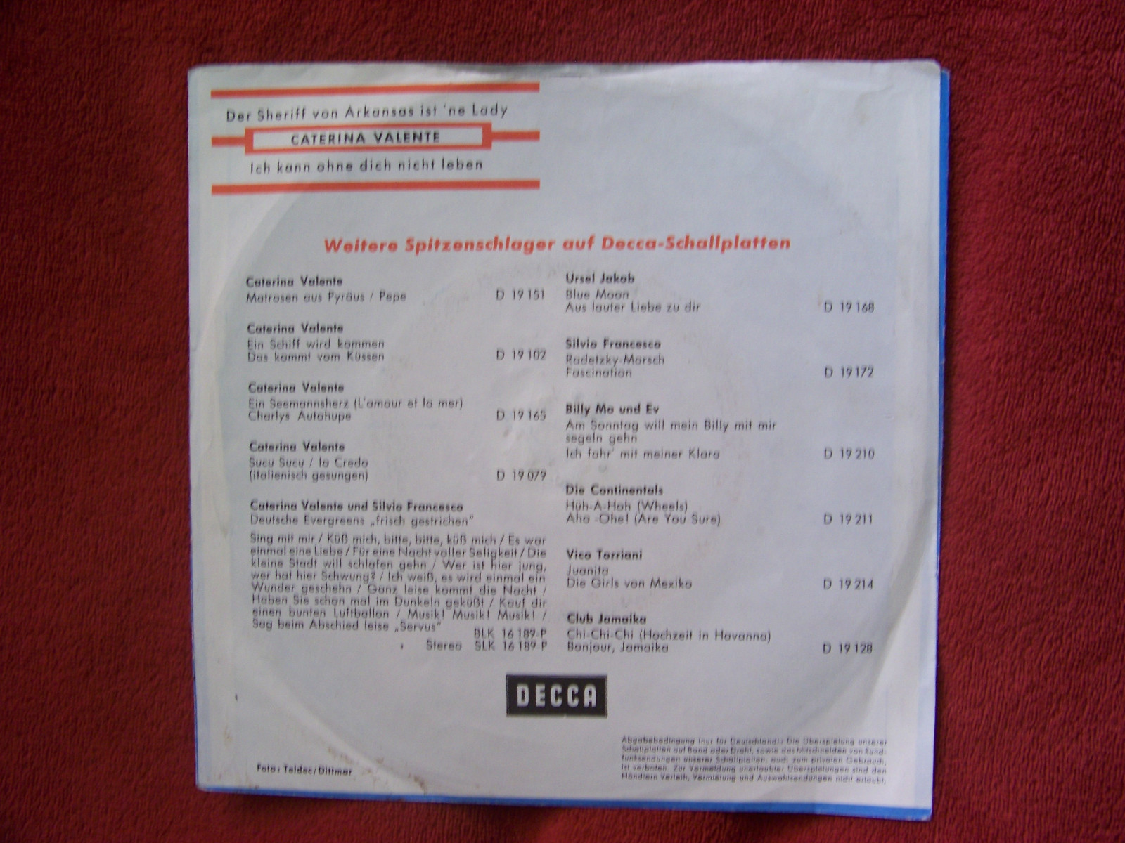 Caterina Valente – Der Sheriff von Arkansas ist ´ne Lady / Ich kann ohne dich nicht leben · Decca 45, Bild 2