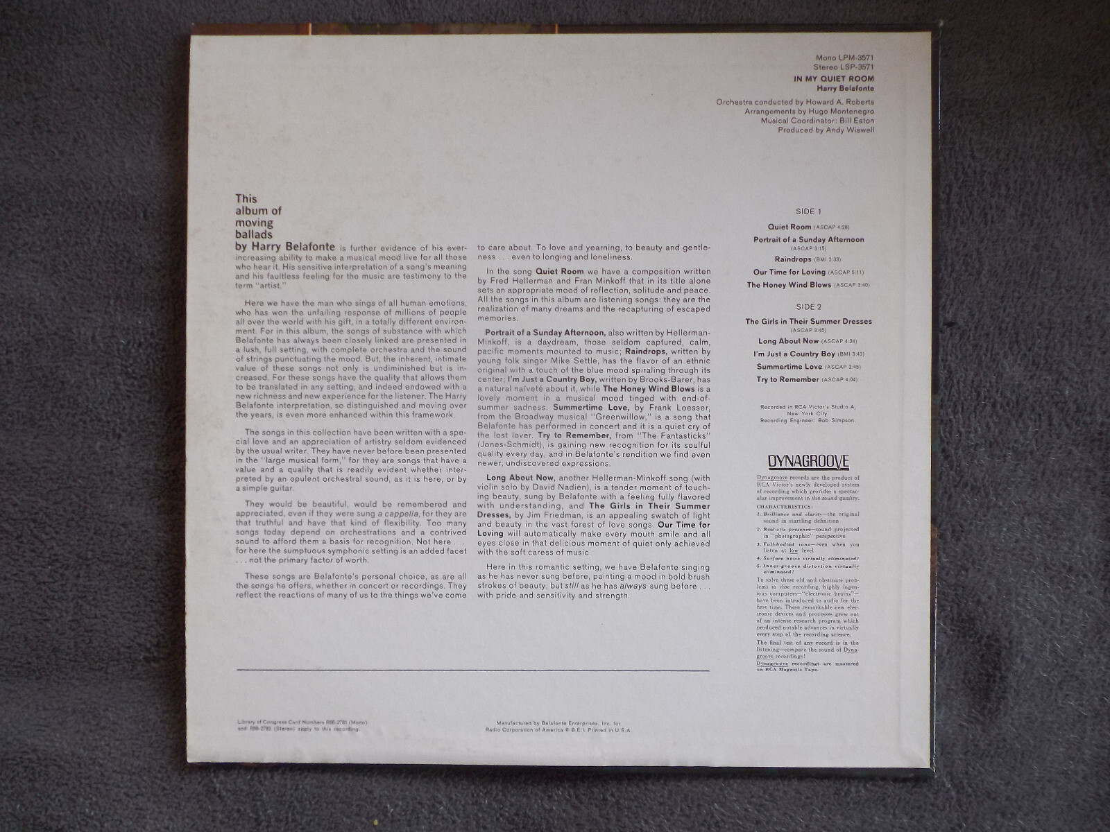 Harry Belafonte – In My Quiet Room | US LP, RCA Records LPM - 3571 (1966), Bild 2