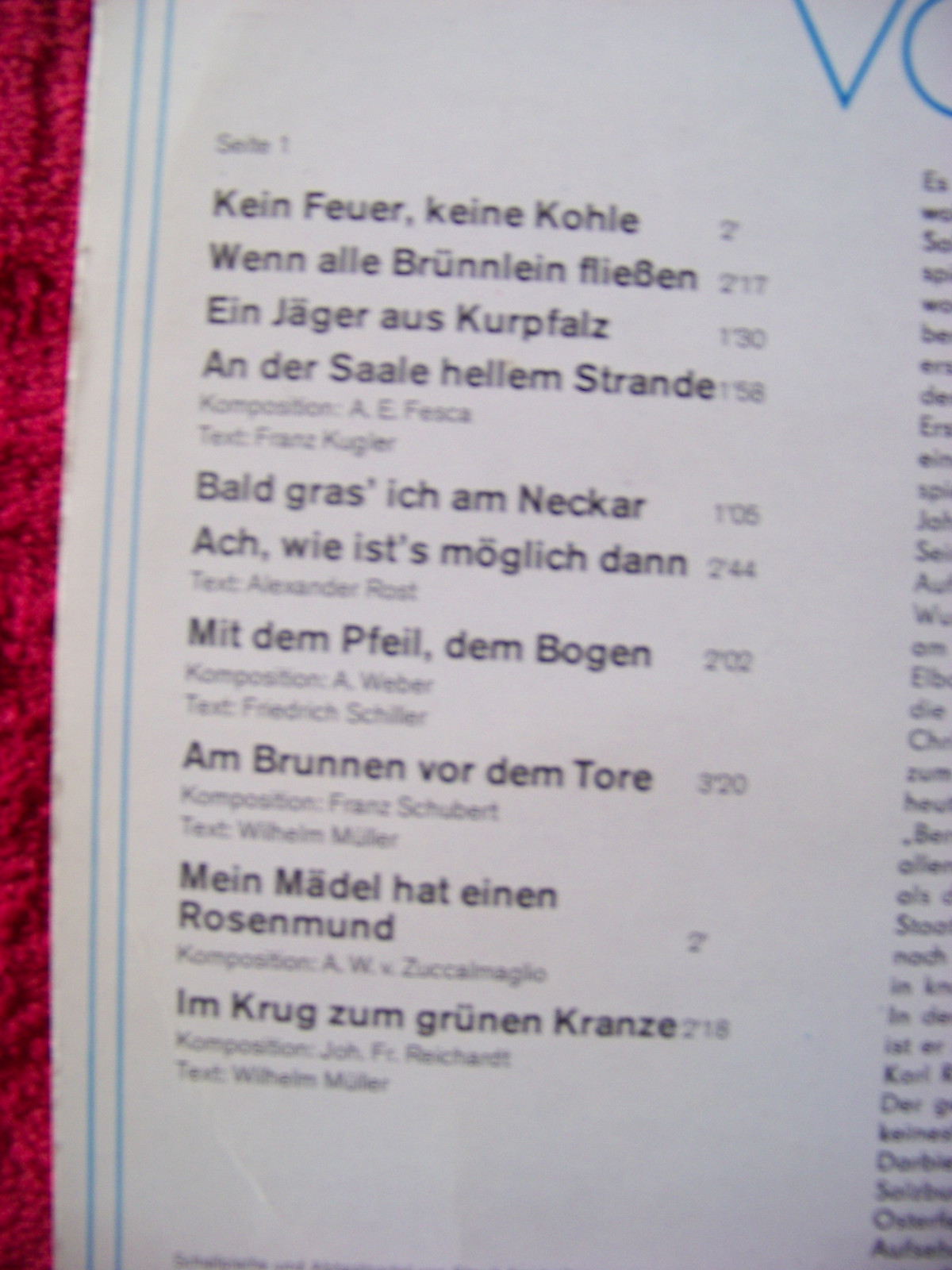 Peter Schreier – Peter Schreier singt Volkslieder | Eterna Records LP, DDR 1976, Bild 2