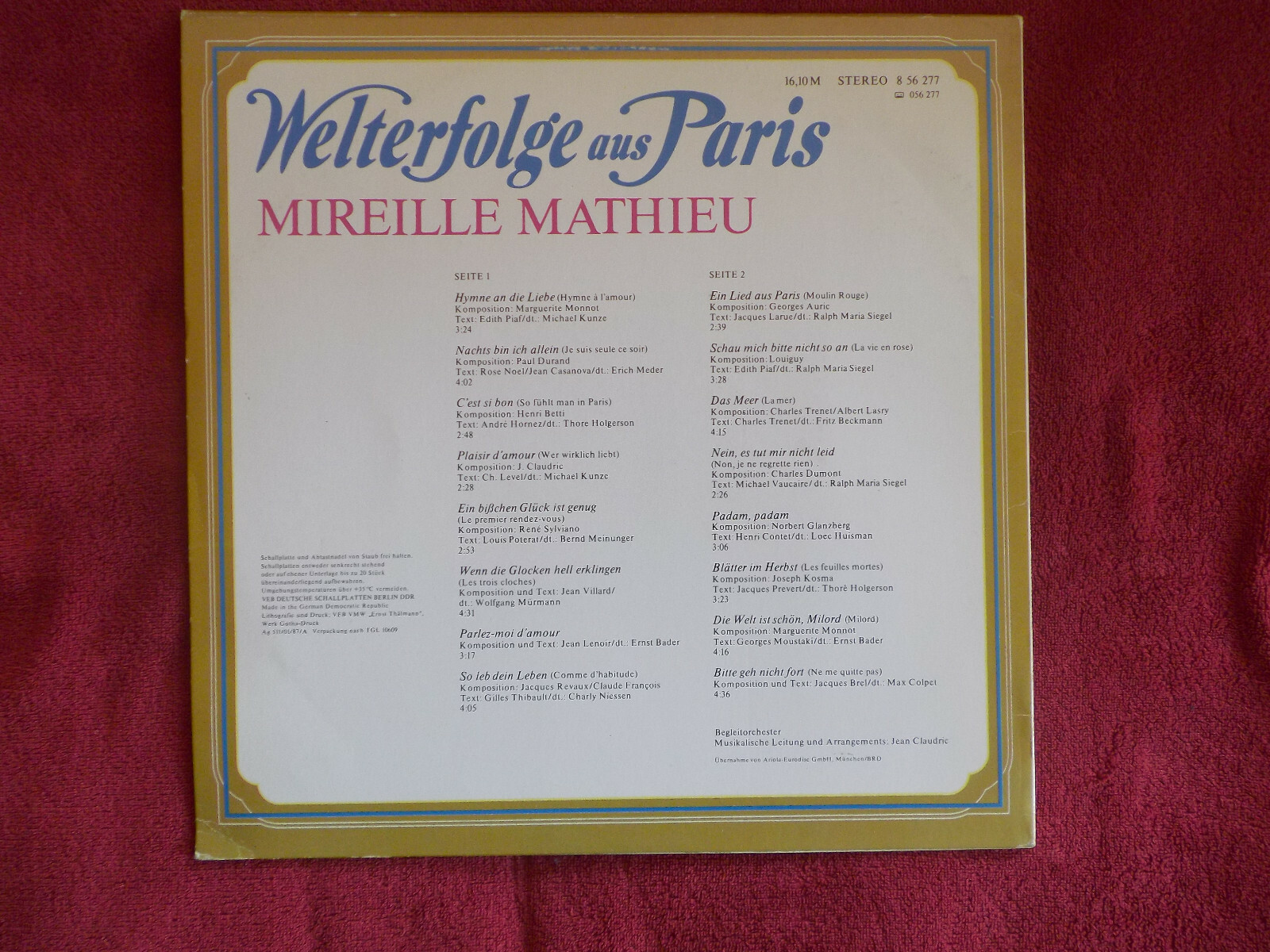Mireille Mathieu – Welterfolge aus Paris | Amiga LP, DDR 1987, Bild 2
