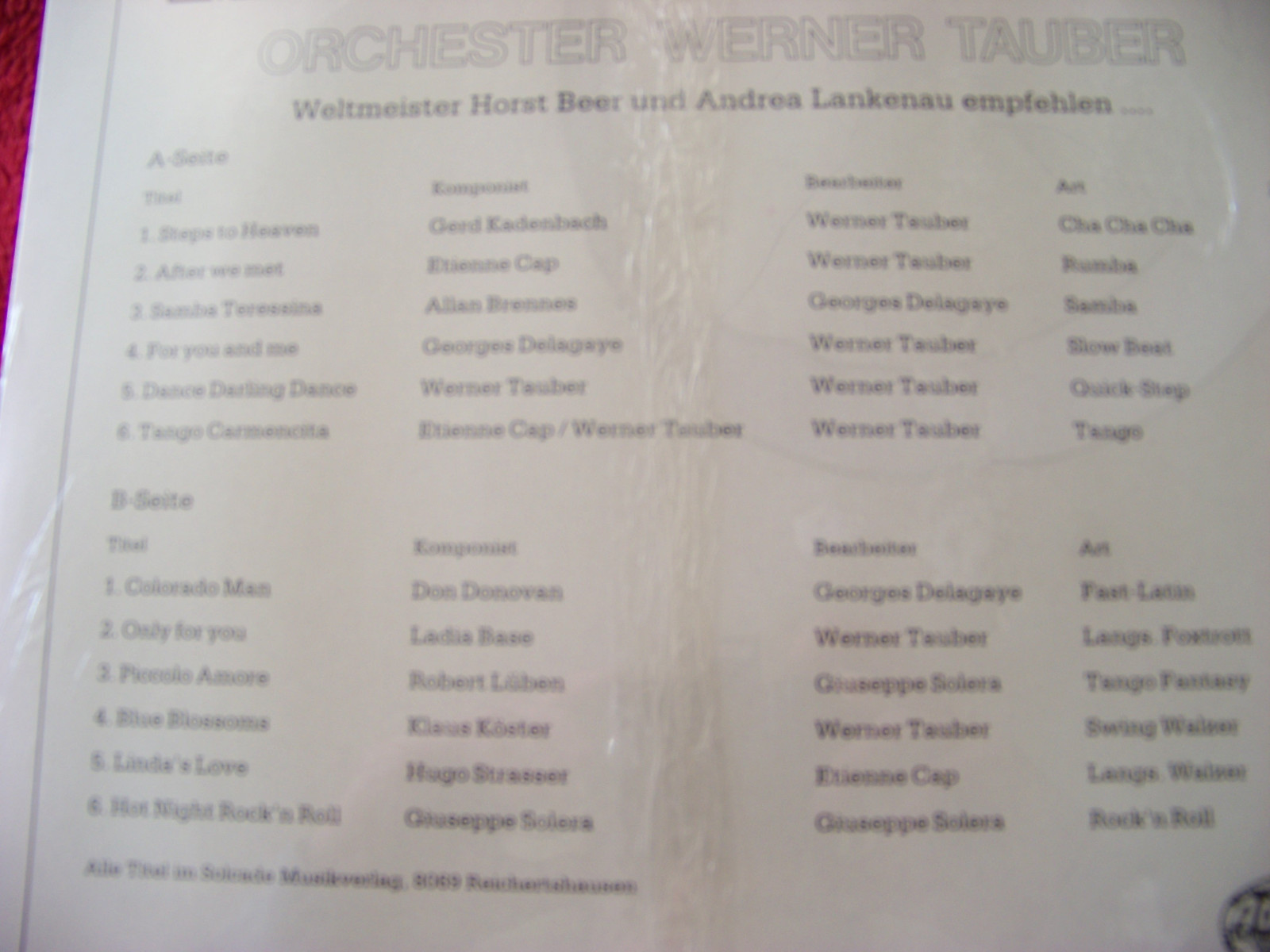 Orchester Werner Tauber – Weltmeister Beer und Lankenau empfehlen – LP, 1985, Bild 2