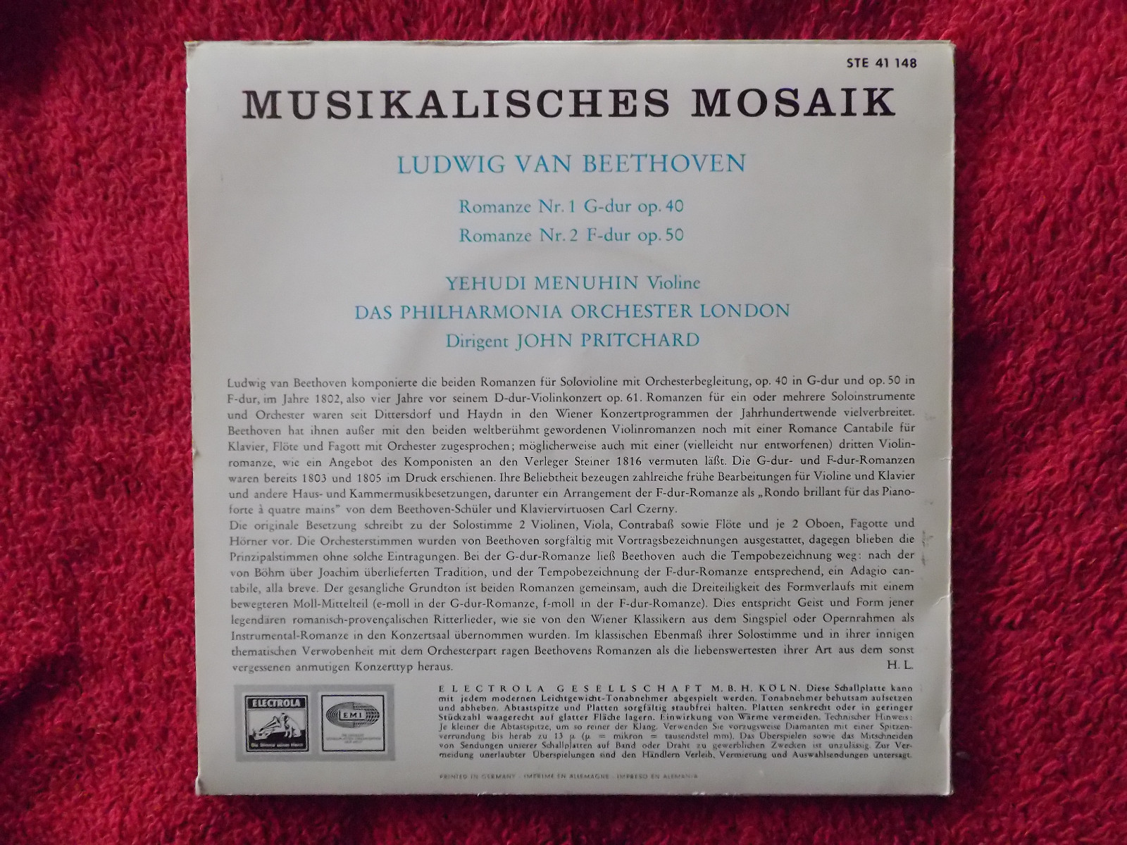 Yehudi Menuhin & Das Philharmonia Orchester London – Violin Romanzen 1 + 2 Beethoven (Electrola, STE 41 148), Bild 2