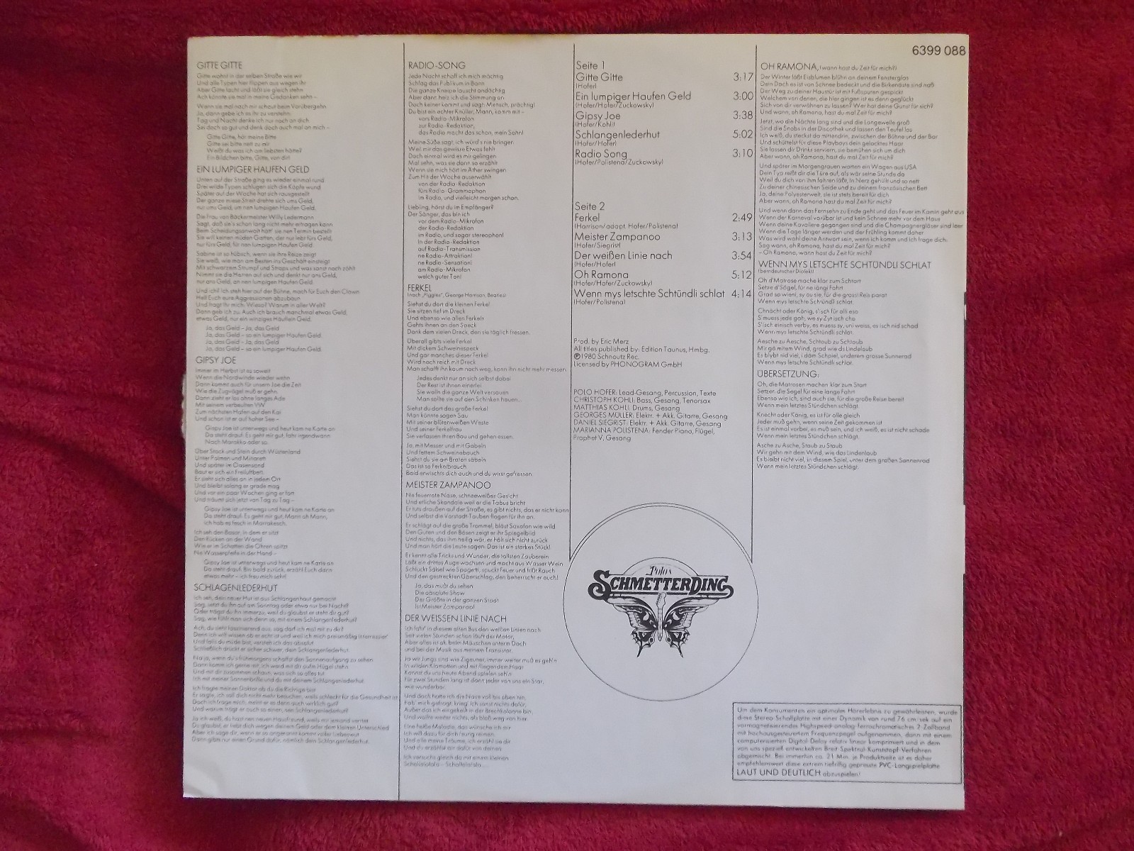 Polo Hofer – Schmetterding (Mercury, 1980, LP), Bild 2