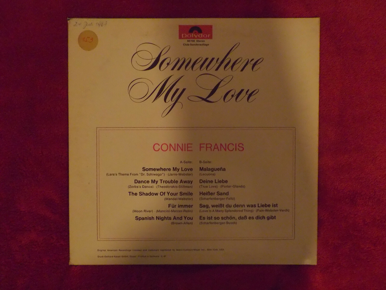 Conny Francis – Somewhere My Love | 10-inch-LP, Polydor Records Club, Bild 3