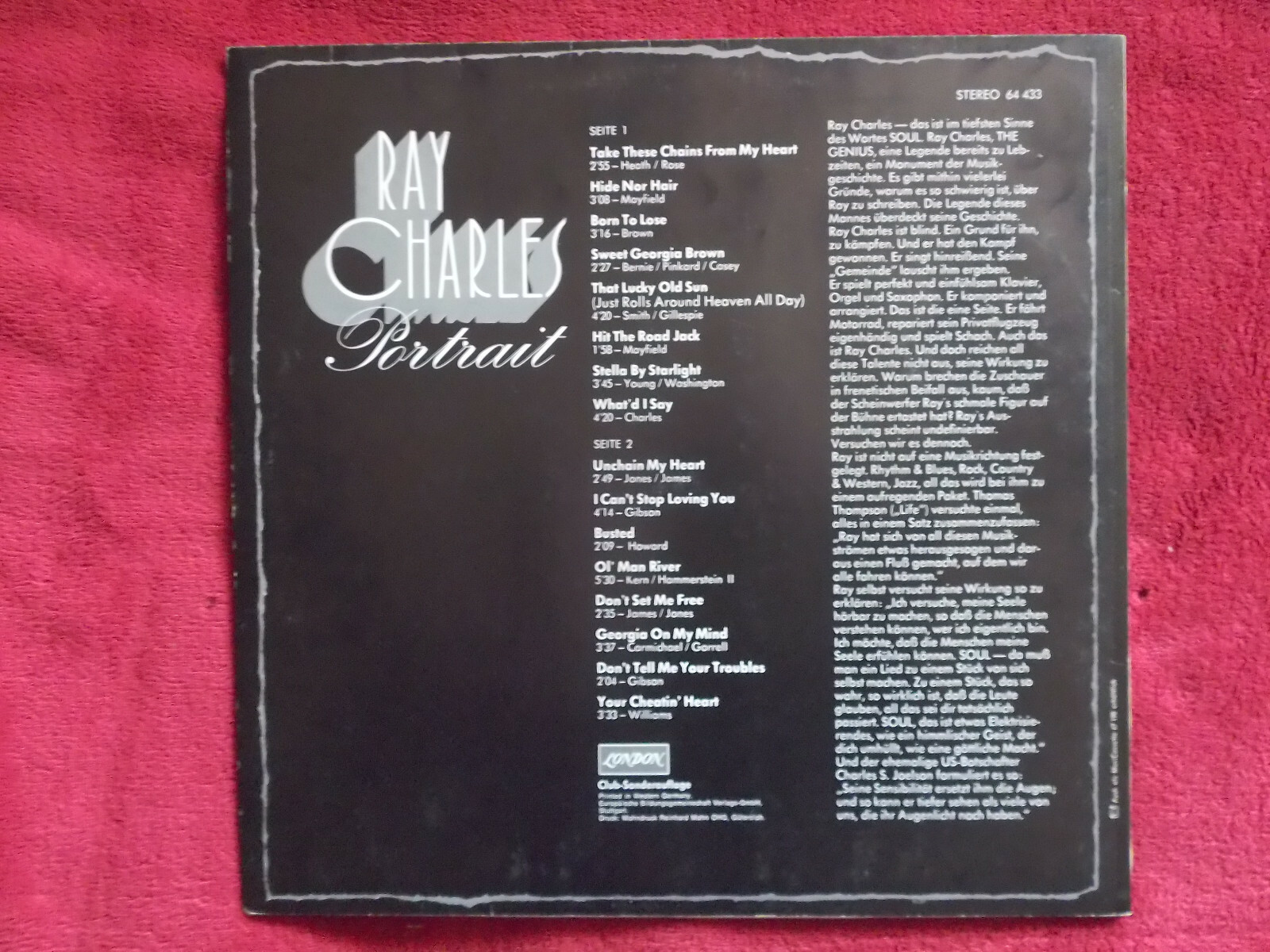 Ray Charles – Portrait | London Records Club-LP, 1976, Bild 2