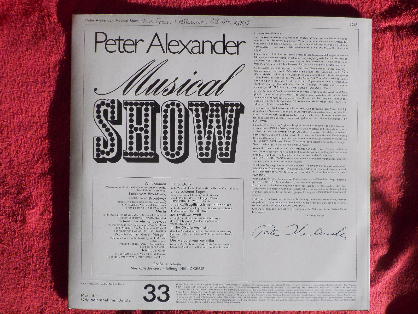 Peter Alexander – Musical-Show | Marcato Records 92 181, LP, Bild 3