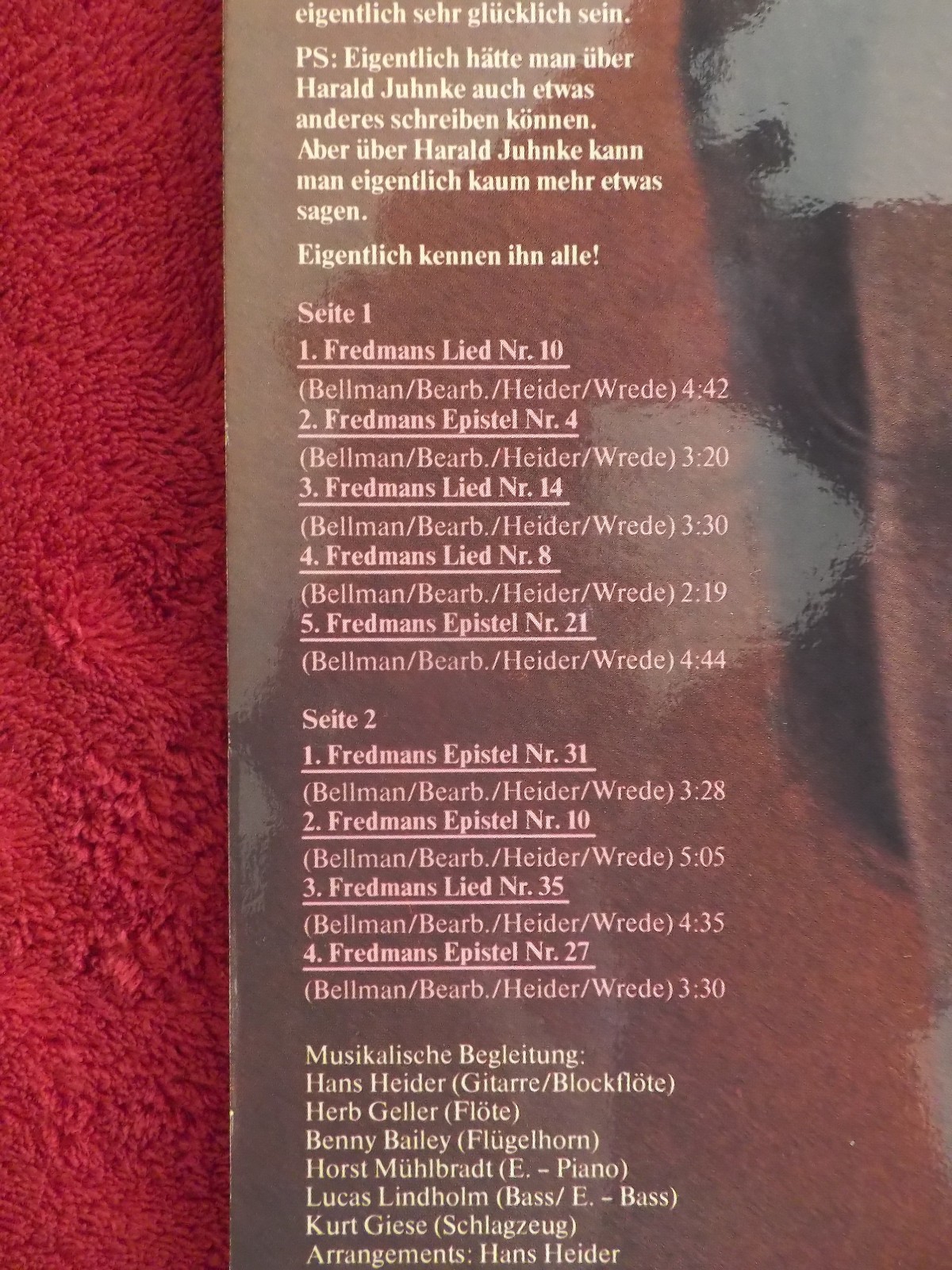 Harald Juhnke – Lieder von Carl Michael Bellmann (LP, 1976), Bild 4