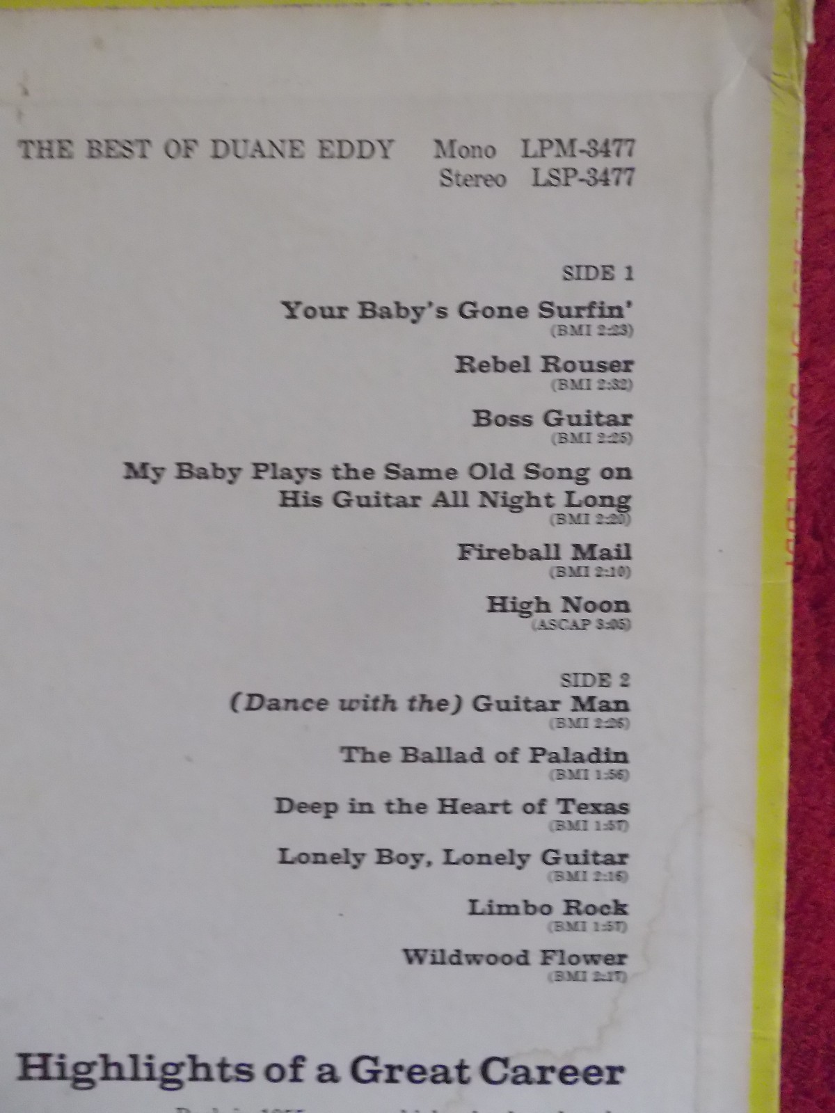 Duane Eddy – The Best of Duane Eddy (LP, RCA Victor, LPM - 3477, USA 1966), Bild 3
