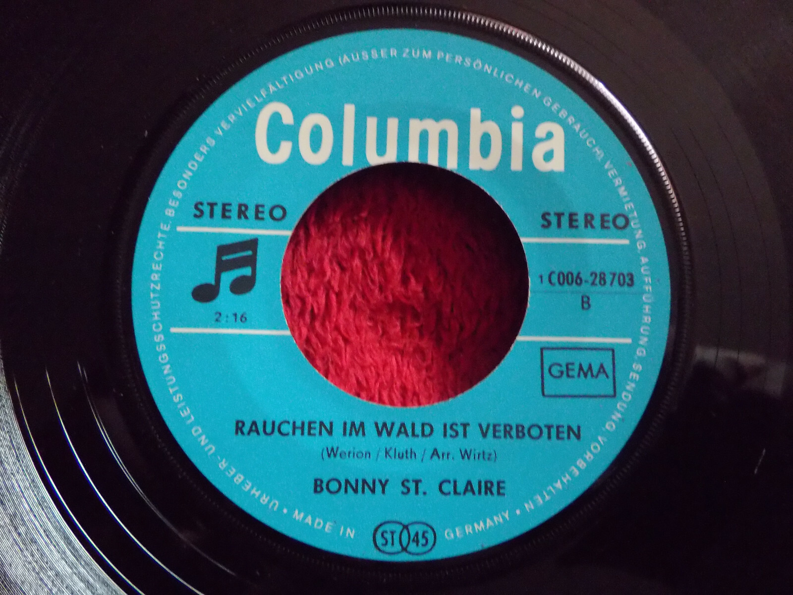 Bonny St. Claire – Der Sohn vom Bäcker aus der Bäckergasse 10 / Rauchen im Wald ist verboten (Columbia Records, 1C006-28703), Bild 2