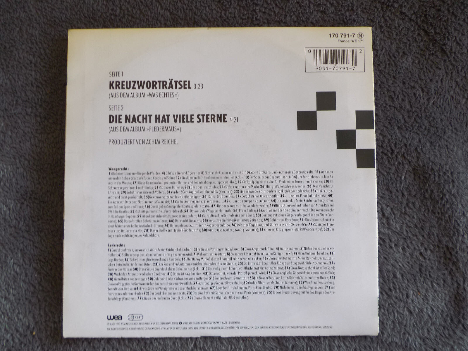Achim Reichel – Kreuzworträtsel / Die Nacht hat viele Sterne (7″ Single, WEA Records, 1990), Bild 2