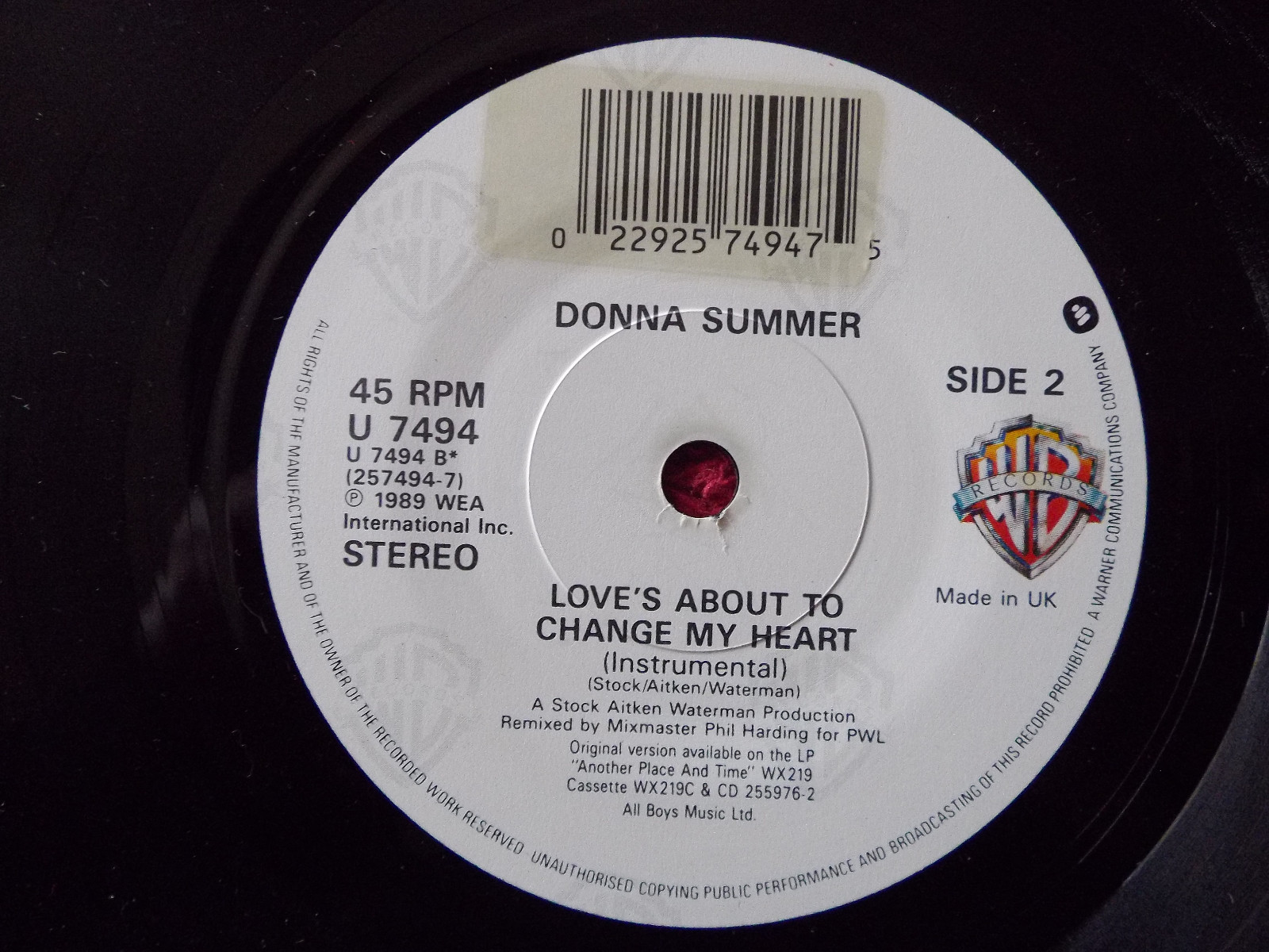 Donna Summer – Love´s about to change my heart / Love´s about to change my heart (Instr.), Single, England 1989, Bild 2