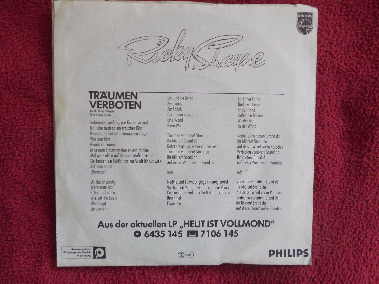 Ricky Shayne – Träumen verboten / Ein Teil von dir | Philips 6005 212, Bild 2