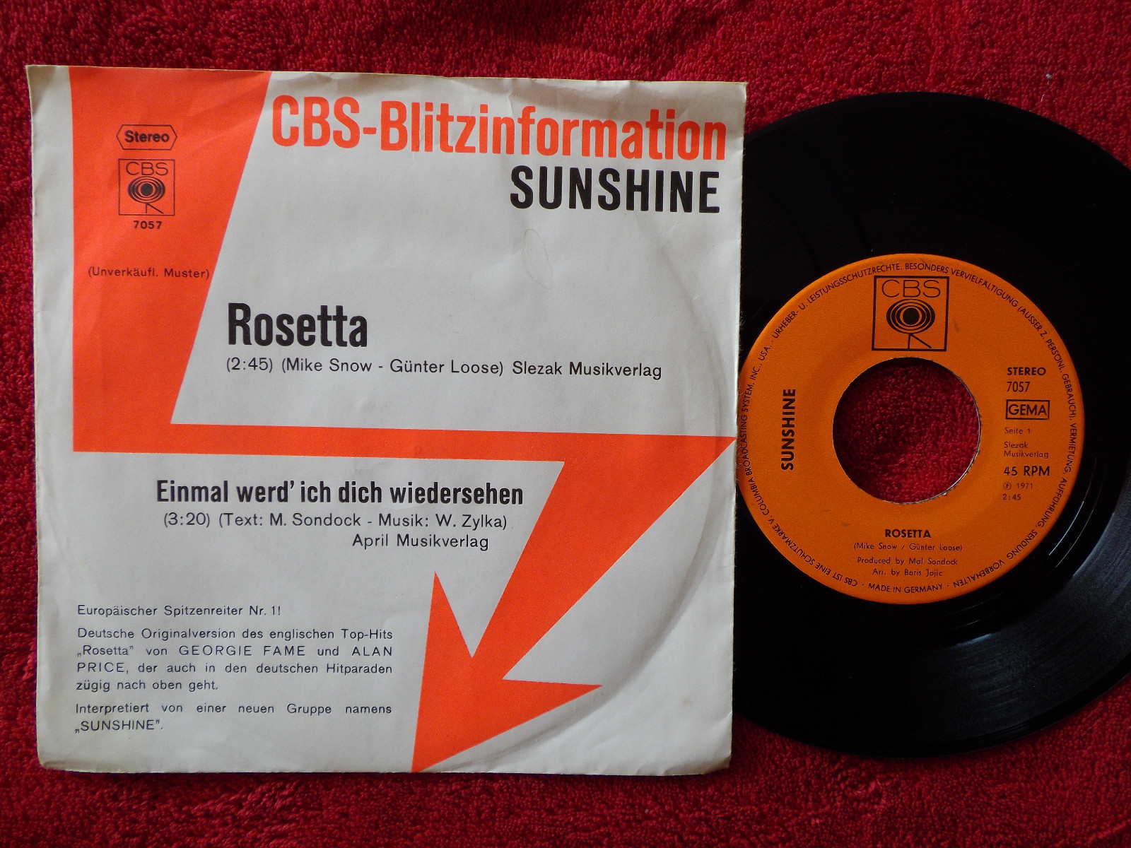 Sunshine – Rosetta / Einmal werd’ ich dich wiedersehen | CBS 7057