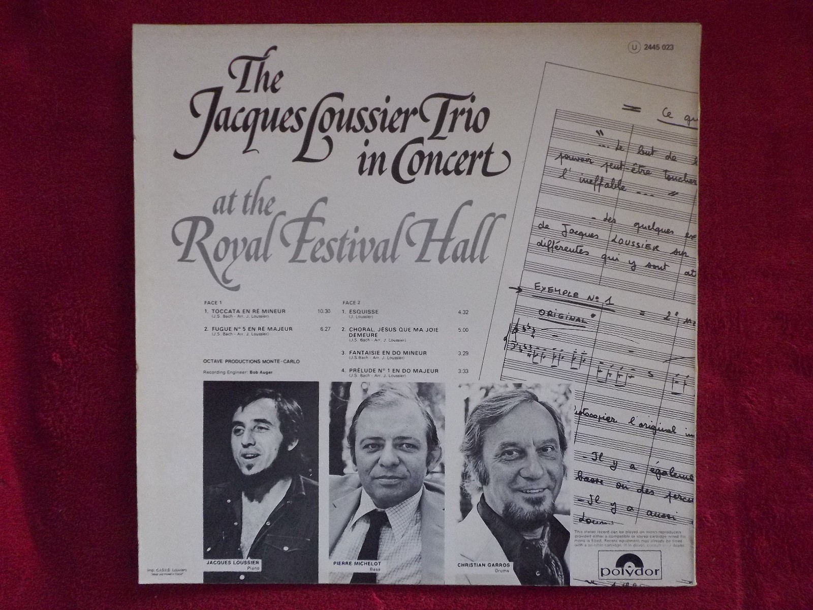 The Jacques Loussier Trio – In Concert at the Royal Festival Hall (LP, Polydor, 1974), Bild 2