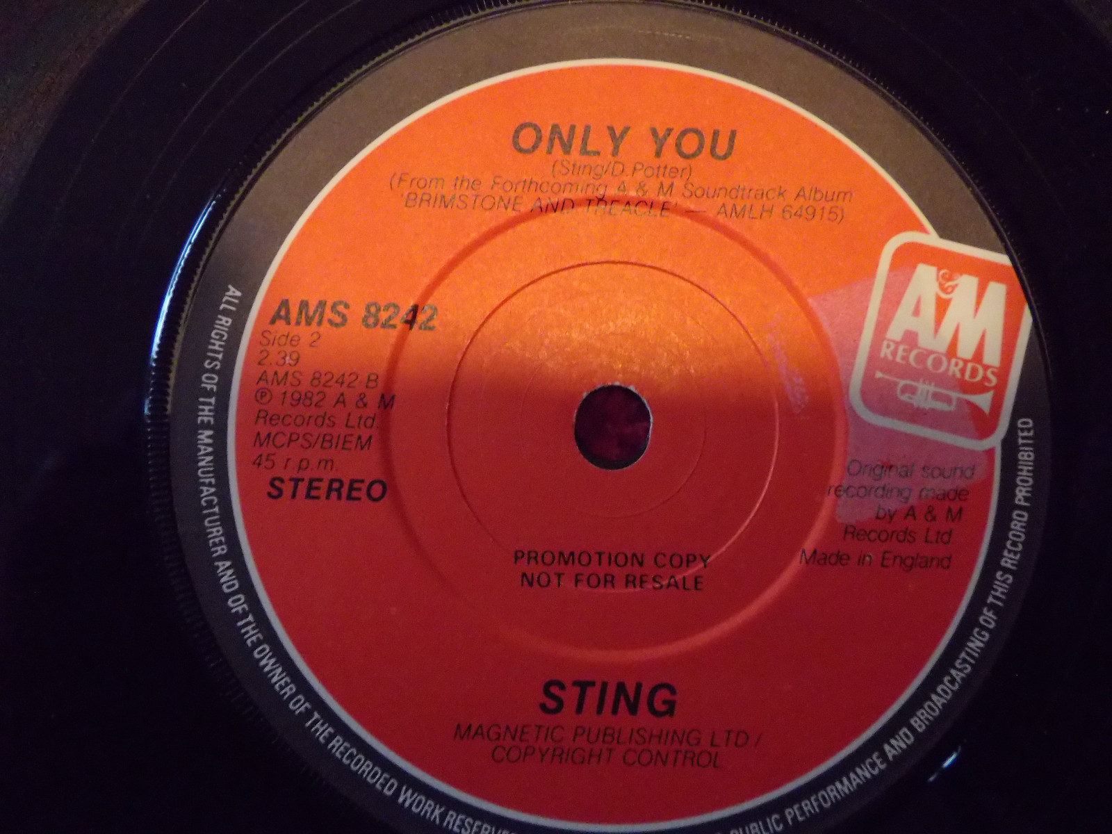 Sting – Spread a little happiness / Only you – UK Promo-Single, 1982, Bild 2
