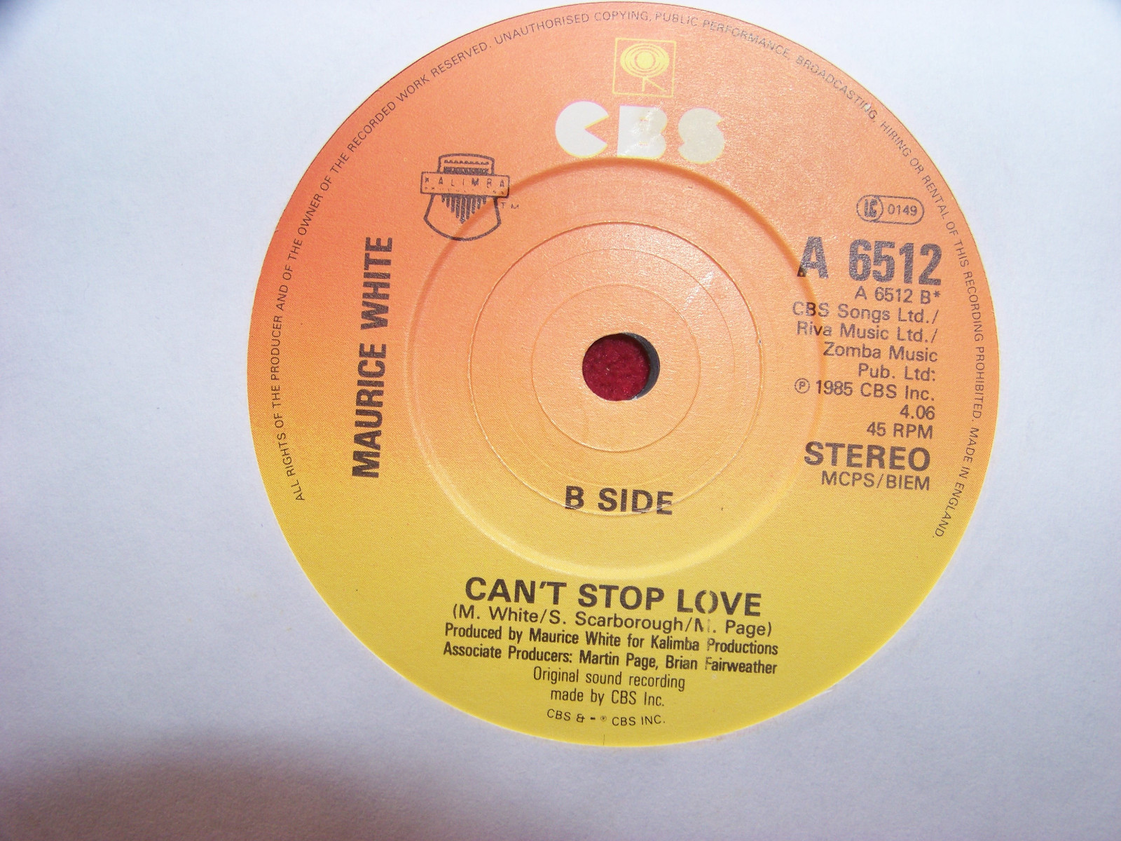 Maurice White – Stand by me / Can´t stop love (CBS Records, A 6512, 1985), Bild 2