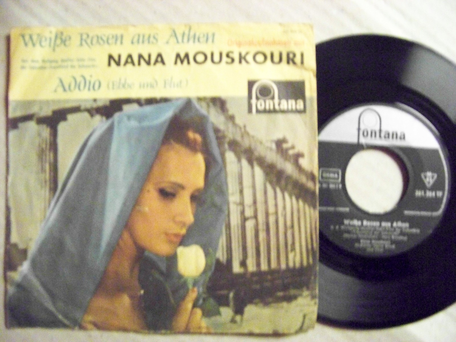 Nana Mouskouri – Weiße Rosen aus Athen / Addio (Fontana, 7″-Single)