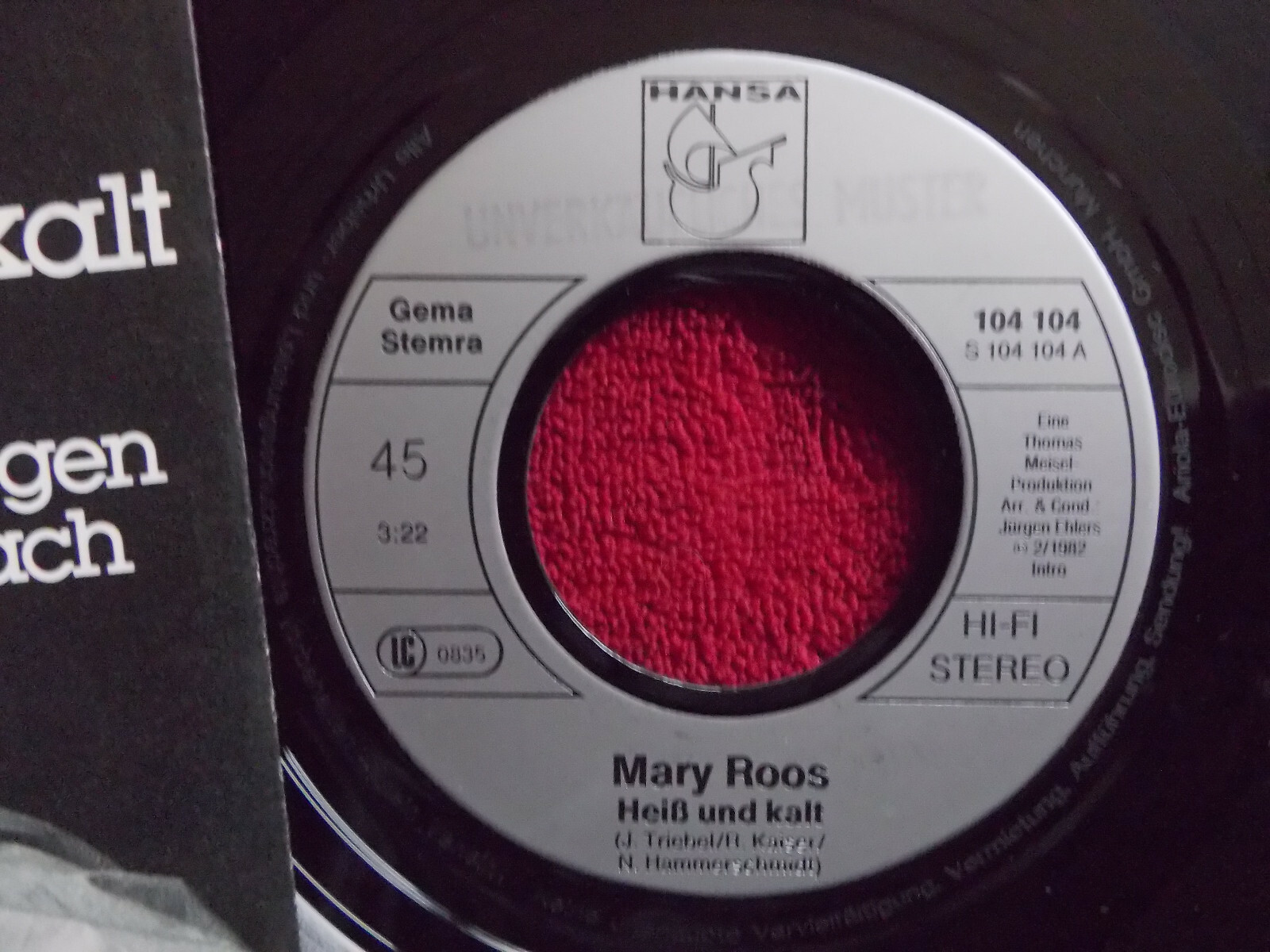 Mary Roos – Heiß und kalt / Der Morgen danach – Hansa Records 104 104 – 7"-Single, Bild 2