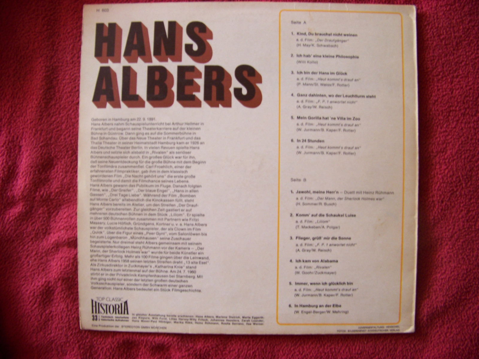 Hans Albers – Hans Albers | LP, Top Classic Historia Records, H 603, Bild 2