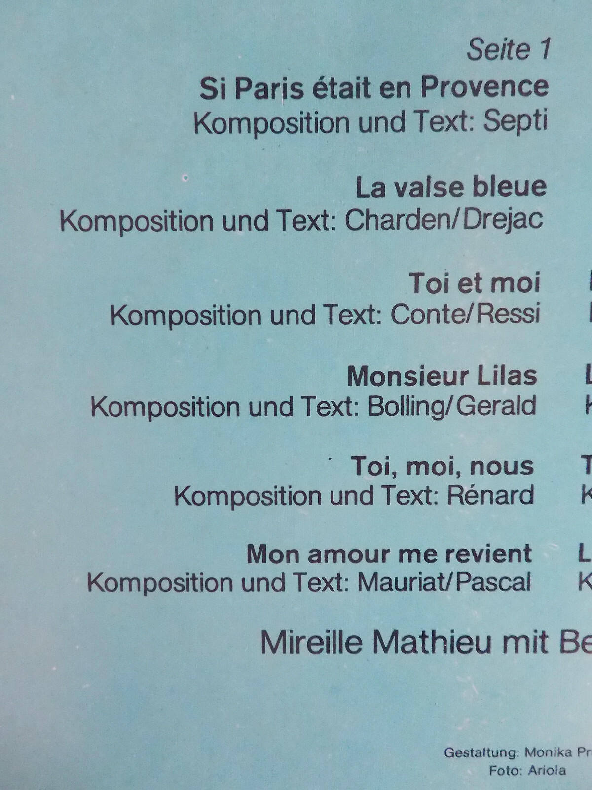 Mireille Mathieu – L´amour de Paris (Amiga LP, DDR 1974), Bild 3