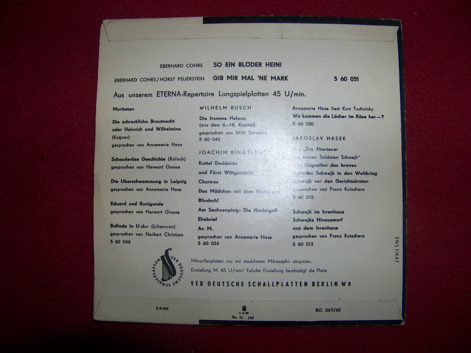 Eberhard Cohrs – So ein blöder Heini / Gib mir mal ´ne Mark (Eterna Records, 1962), Bild 2