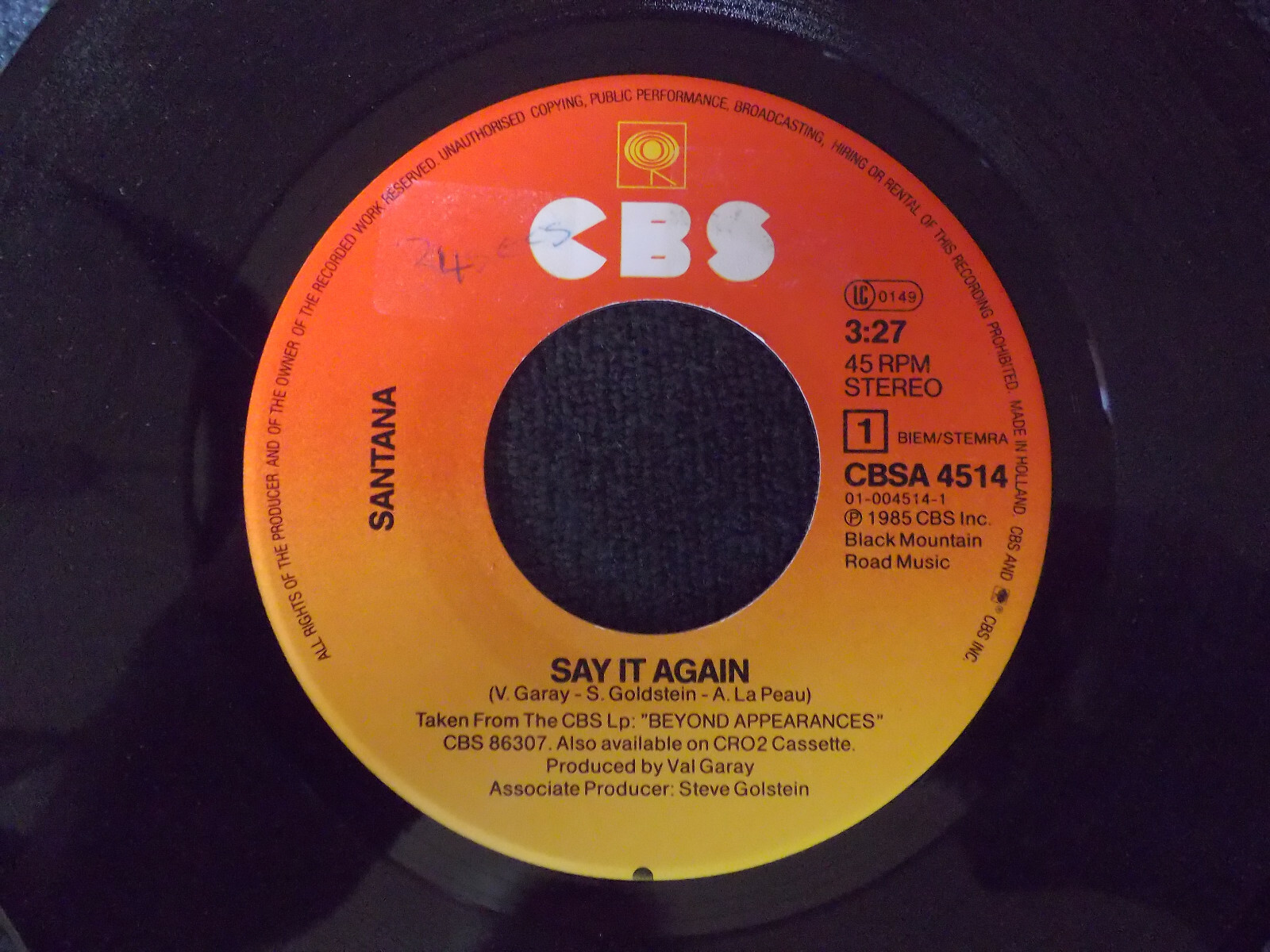 Santana – Say It Again / Touchdown Raiders (CBS, CBSA 4514, Niederlande, 1985)