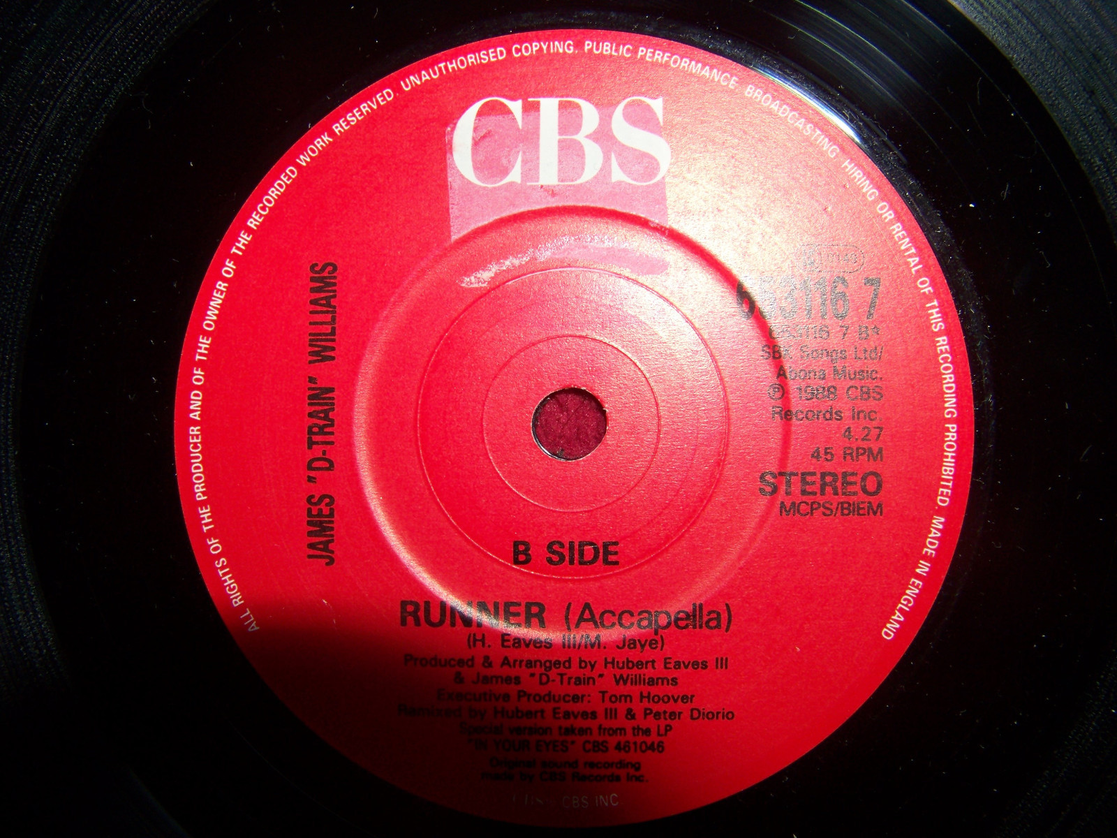 James "D-Train" Williams – Runner / Runner (Accapella) · CBS 653116 7 · UK 1988, Bild 2