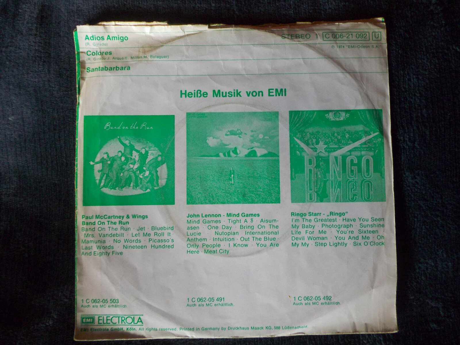 Santabarbara – Adios Amigo / Colores (EMI, deutsche 7″-Single, 1974), Bild 2