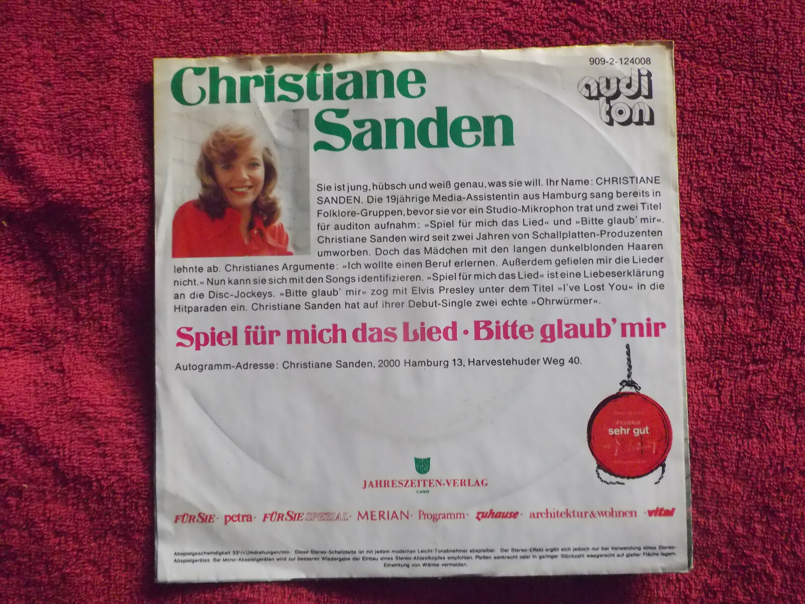 Christiane Sanden – Bitte glaub´ mir / Spiel für mich das Lied (Auditon Records, 1973), Bild 2