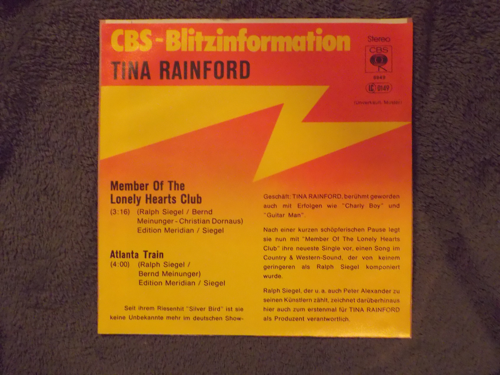 Tina Rainford – Member of the lonely hearts club / Atlanta Train (CBS S 6849, 1978), Bild 2