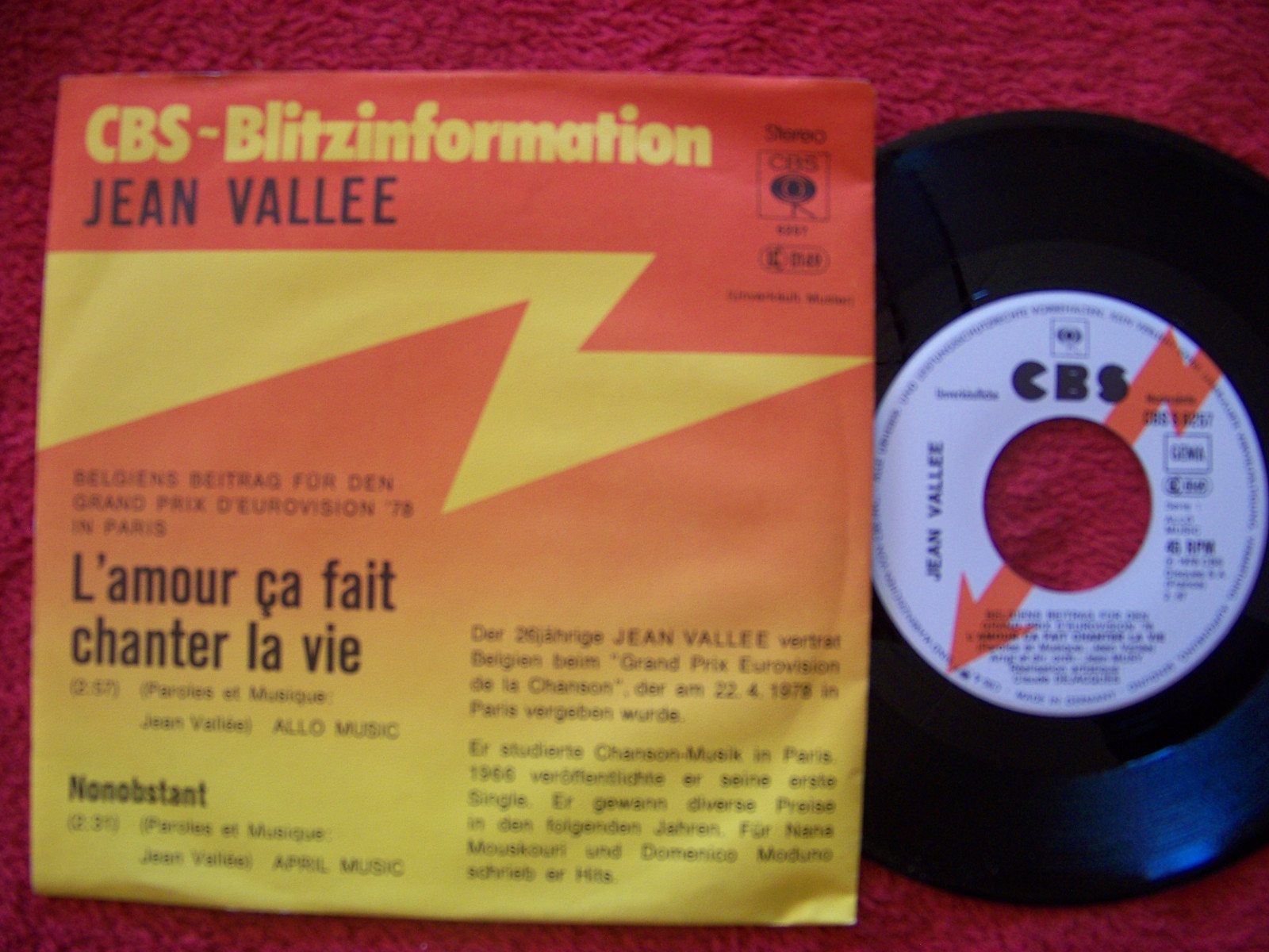 Jean Vallee – L’amour ca fait chanter la vie / Nonobstant – CBS Single