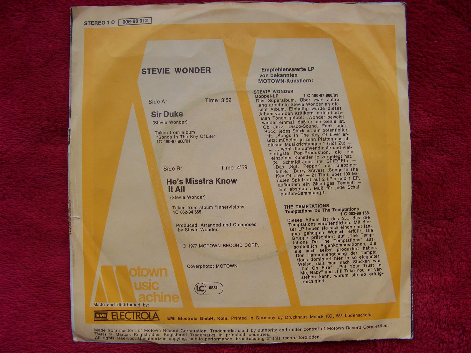 Stevie Wonder – Sir Duke / He´s misstra know it all (Single, 1977), Bild 2
