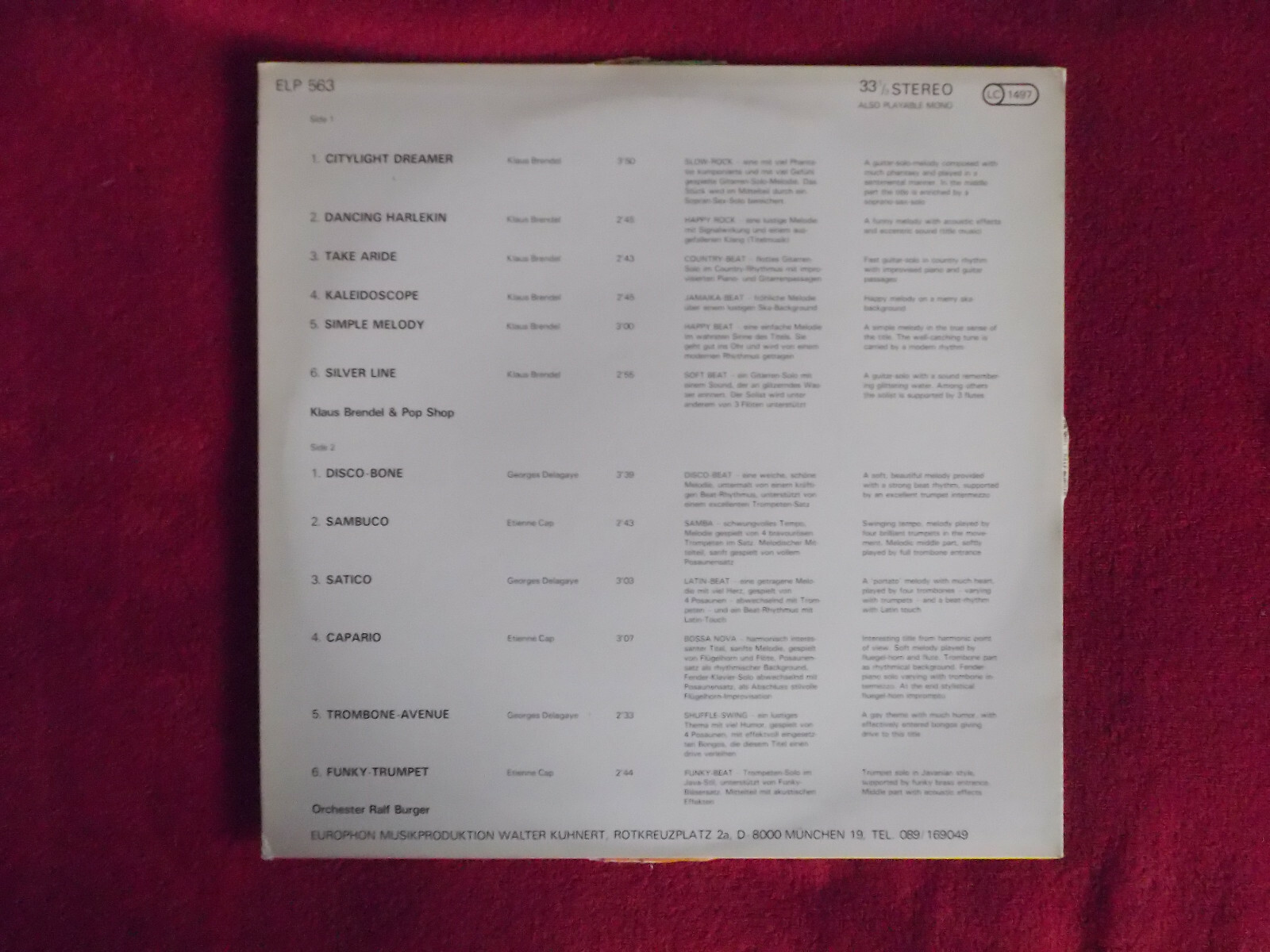 Klaus Brendel & Pop Shop / Orchester Ralf Burger – Europhon LP ELP 563, Bild 2