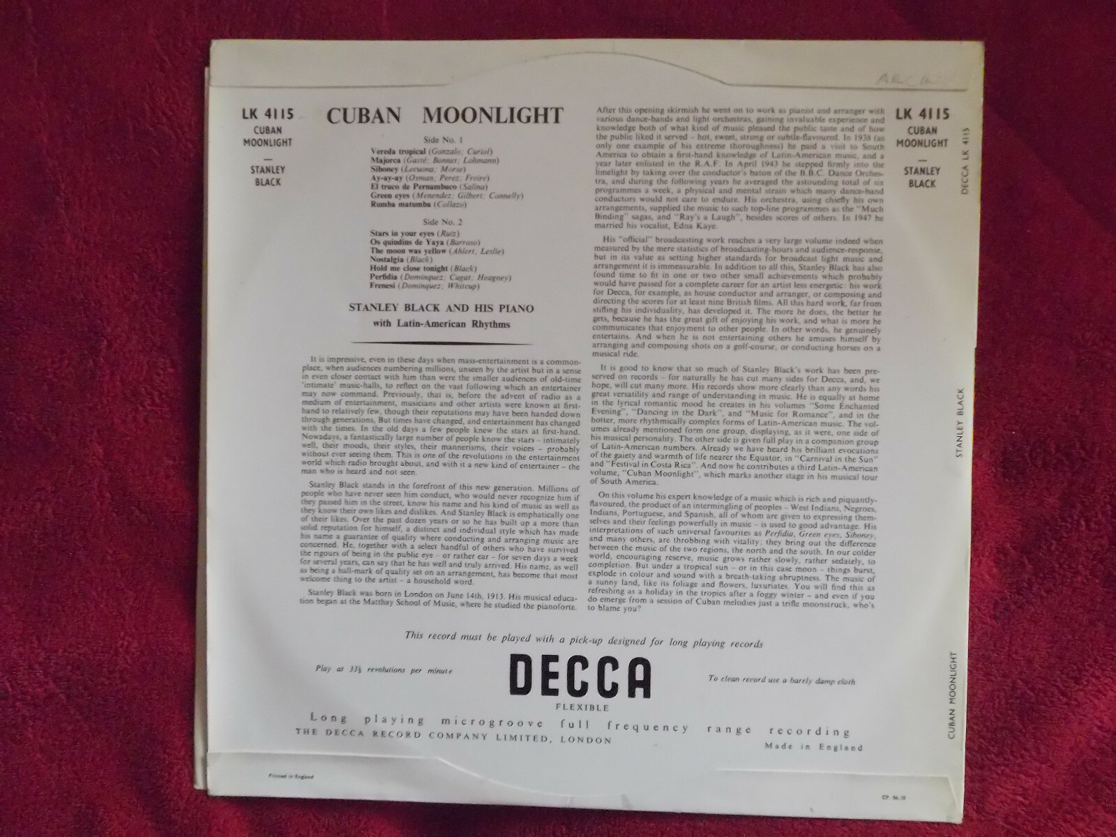 Stanley Black – Cuban Moonlight | Decca Records LK.4115, LP, Bild 2