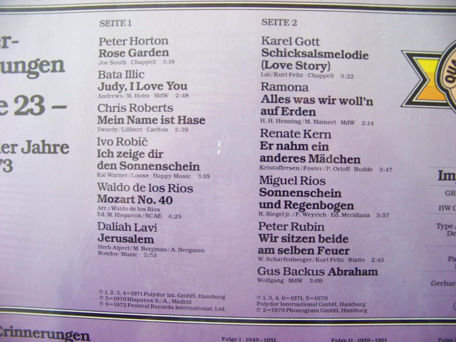 Schlager – Erinnerungen 23: Die großen Erfolge der Jahre 1971–1973 (LP), Bild 2