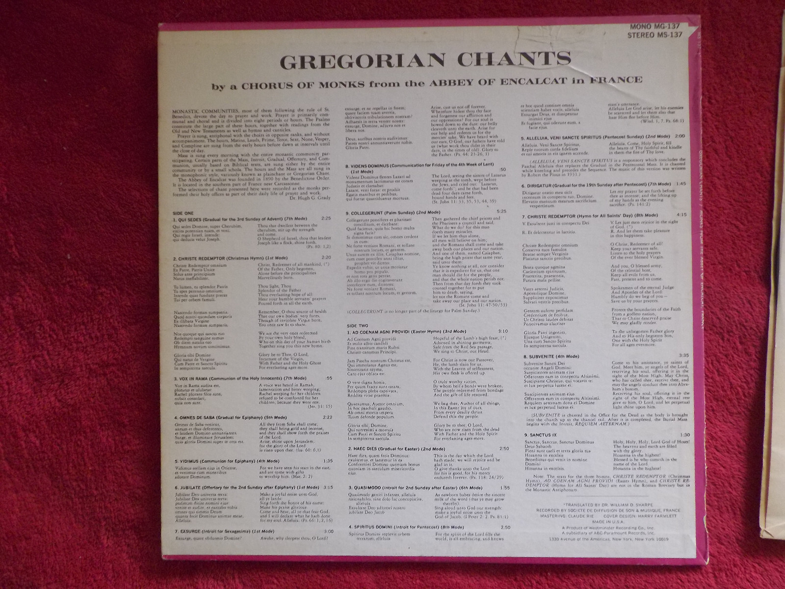 Gregorian Chants – Monks from the Abbey of Encalcat in France | Music Guild Records MS 137 (LP), Bild 5