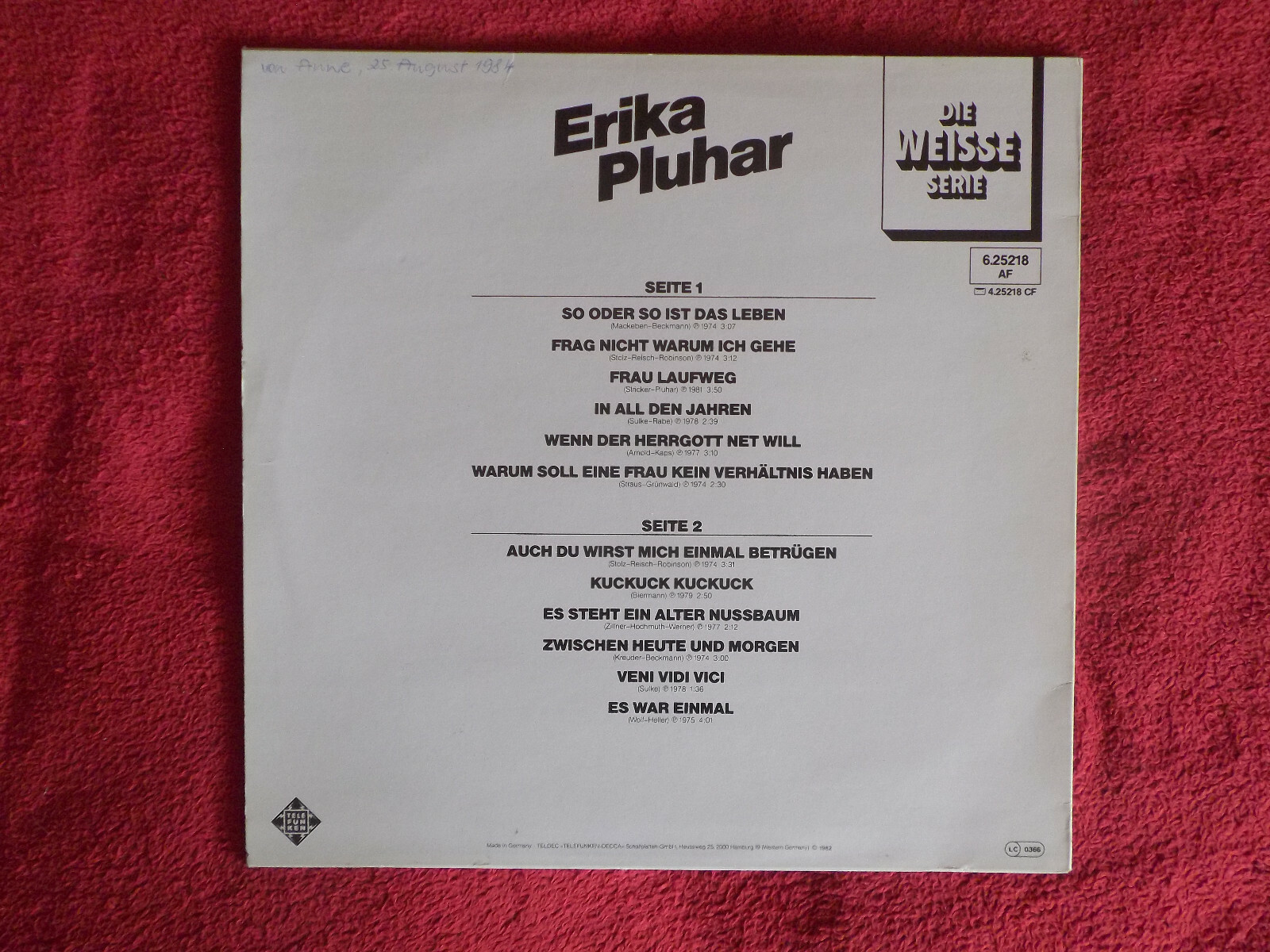 Erika Pluhar – Erika Pluhar | Telefunken Records, LP, 1982, Bild 3